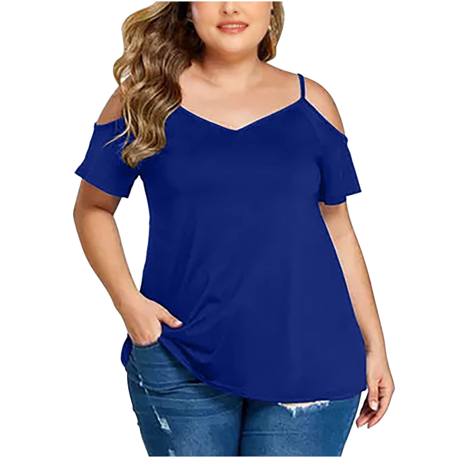HRAPDA Women's Plus Size Off Shoulder Tops - Trendy Short Sleeve V-Neck Blouse for Summer | Casual Loose Fit T-Shirt | Perfect for Beach Outings, Date Nights & Weekend Wear