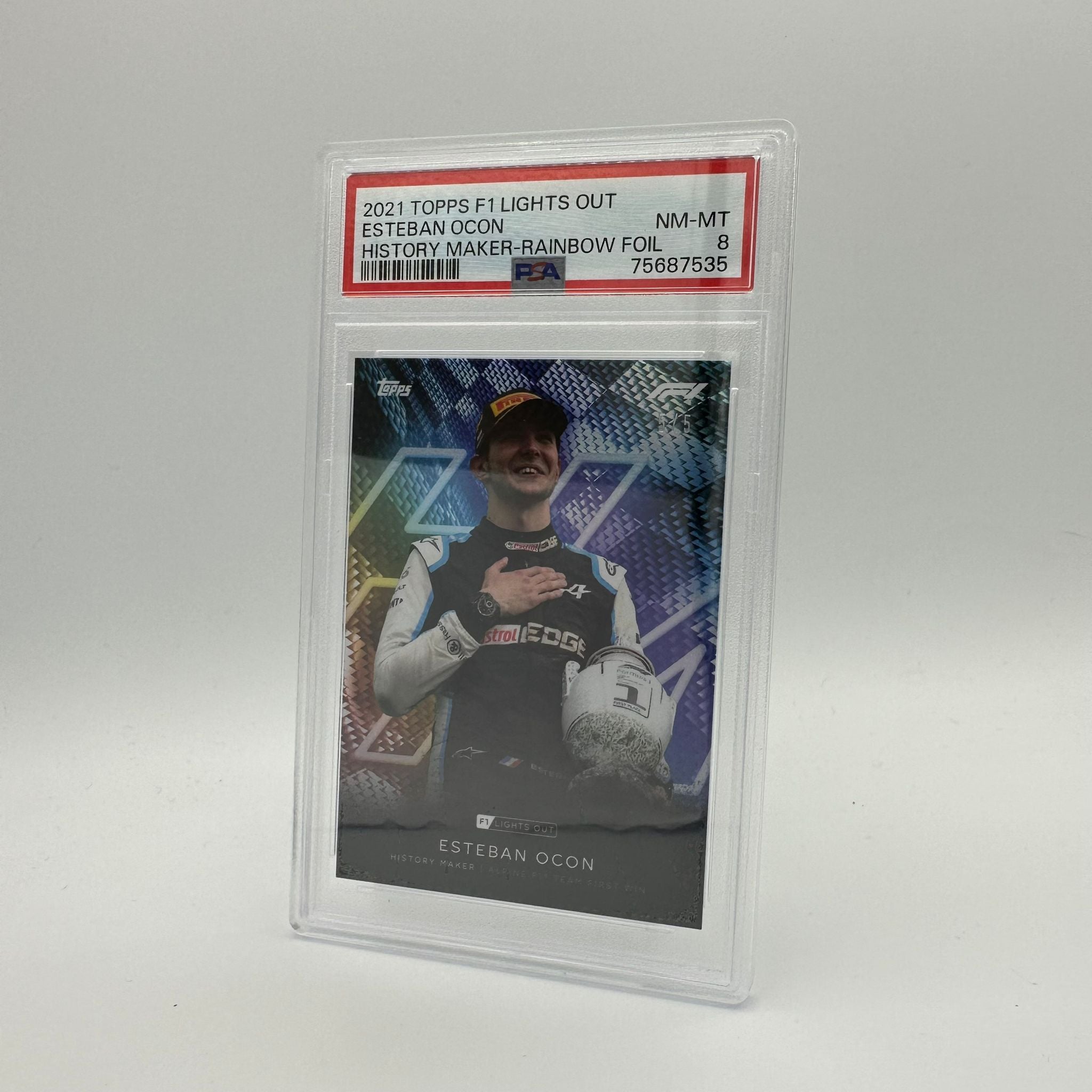 PSA 8 Graded Esteban Ocon History Maker Rainbow Foil Trading Card - Perfect for Collectors, Investors & F1 Racing Fans