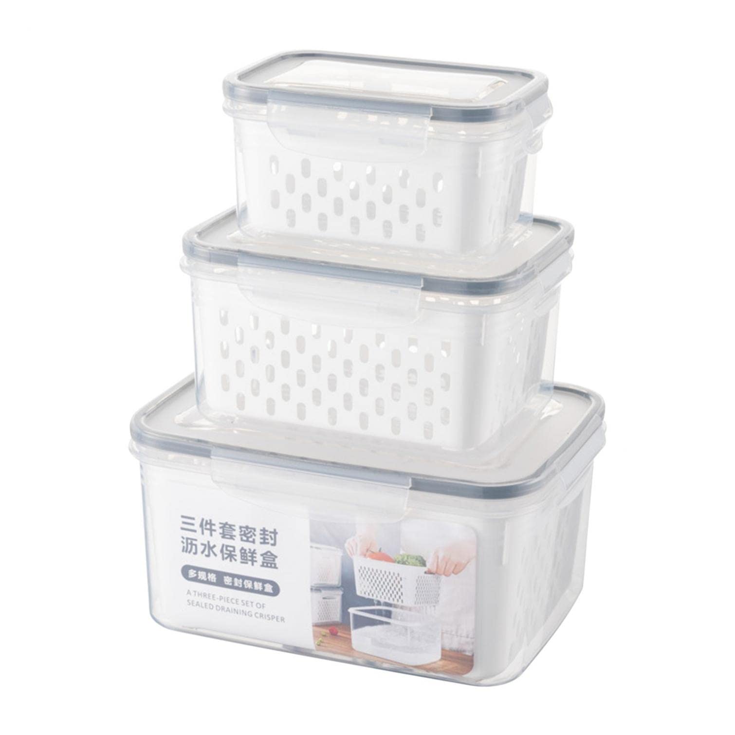 BPA-Free 3-Piece Fruit and Vegetable Storage Containers for Refrigerator - Large Airtight Food Organizer Bins with Lid & Built-in Colander, Perfect for Fresh Produce, Meal Prep, and Leftovers Storage (Gray)
