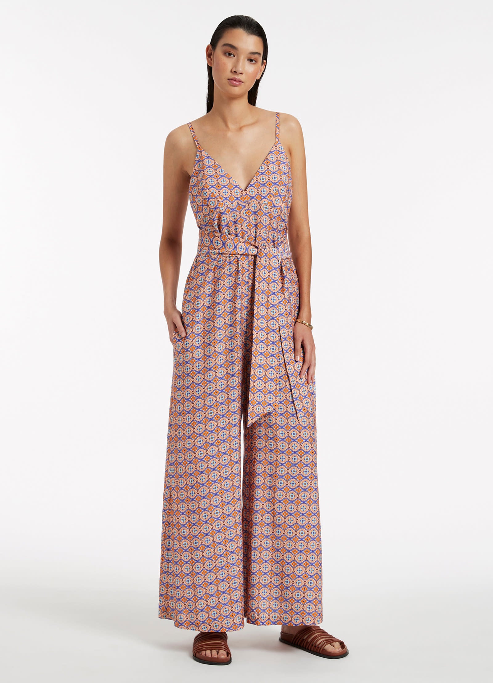 Azura Geo Print V-Neck Jumpsuit - Retro Orange Floral Romper for Women | Summer Casual Outfit, Beach Vacation, Party Wear