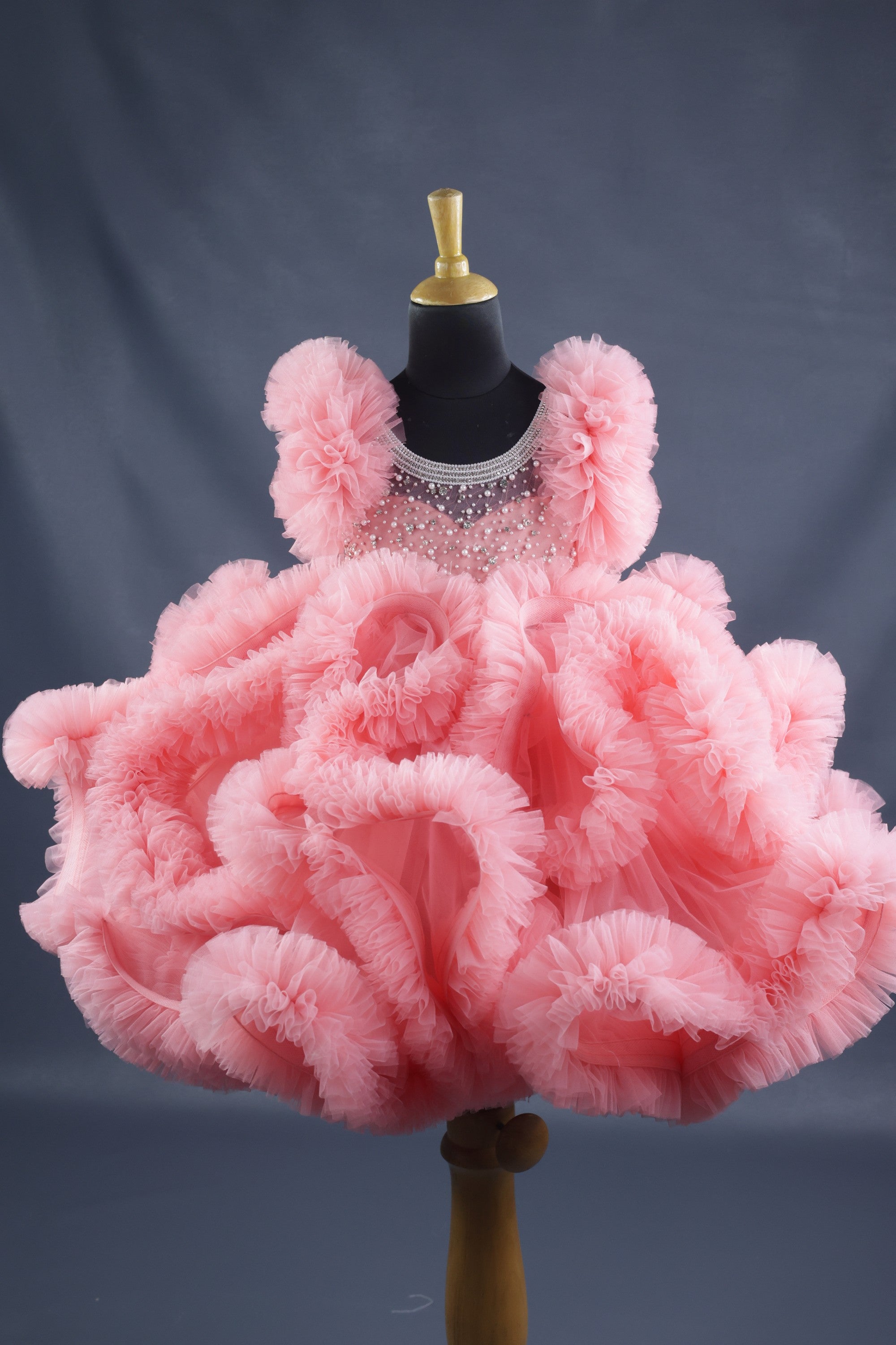 Pre Order: Elegant Peach Netted Frilled Fluffy Gown with White Crystal and Beads Work - Perfect for Bridal Showers, Evening Galas, and Special Occasions