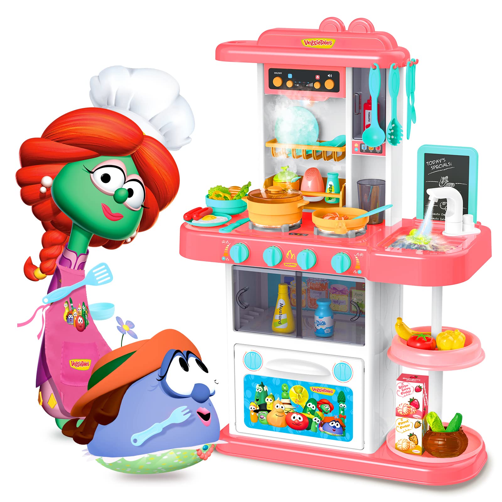 VeggieTales Kids Kitchen Playset - 43 PCS Pretend Play Kitchen Accessories with Realistic Lights & Sounds, Includes Pretend Food & VeggieTales Stickers, Perfect for Toddlers, Girls, and Boys (Pink) - Ideal for Home, Preschool, and Birthday Gifts