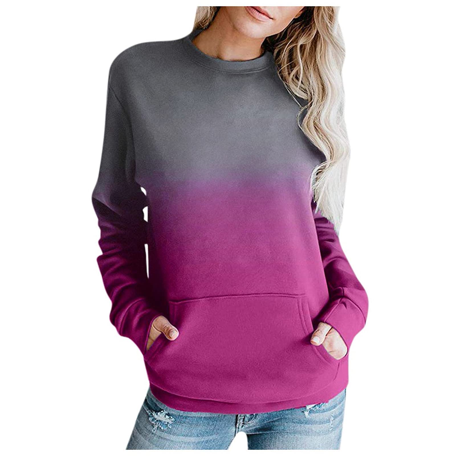 Trendy Tie Dye Sweatshirt for Women - Colorblock Gradient Pullover with Pocket, Long Sleeve Casual Blouse | Perfect for Yoga, Streetwear & Fall Fashion