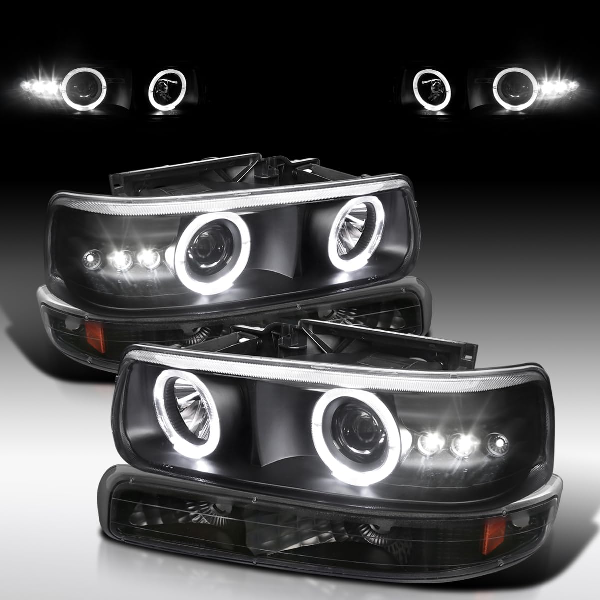 AUTOZENSATION LED Halo Black Projector Headlights & Bumper Lights - Compatible with 1999-2002 Chevy Silverado 1500/2500/3500 & 2000-2006 Tahoe - Left+Right Pair Headlamp Assembly - Upgrade for Off-Road & Night Driving