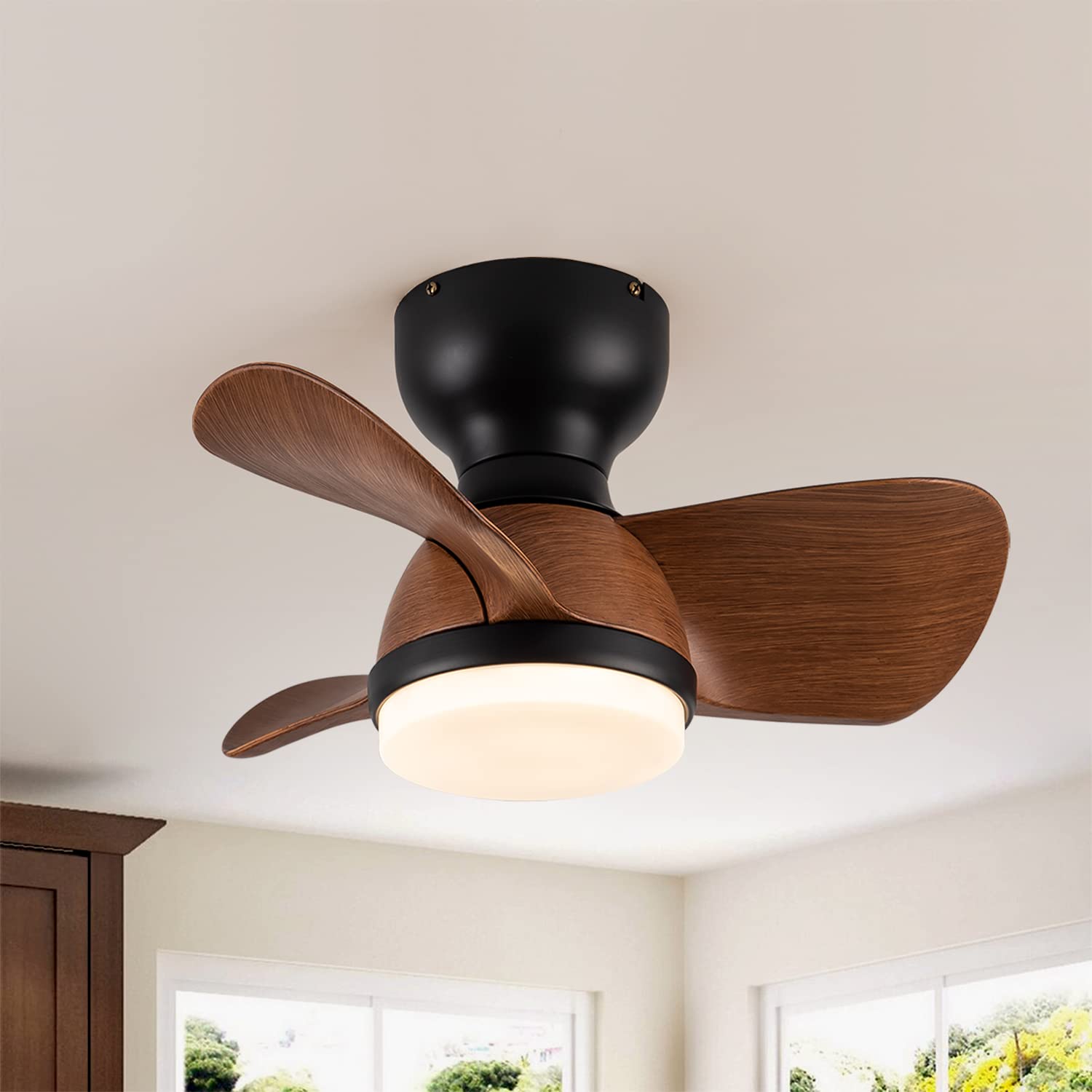 EKIZNSN 22 Inch Small Black Ceiling Fan with LED Lights - Modern Low Profile 3 Blade Flush Mount Fan for Bedroom, Living Room, Patio & Outdoor Spaces - Quiet Energy Efficient Indoor/Outdoor Ceiling Fan