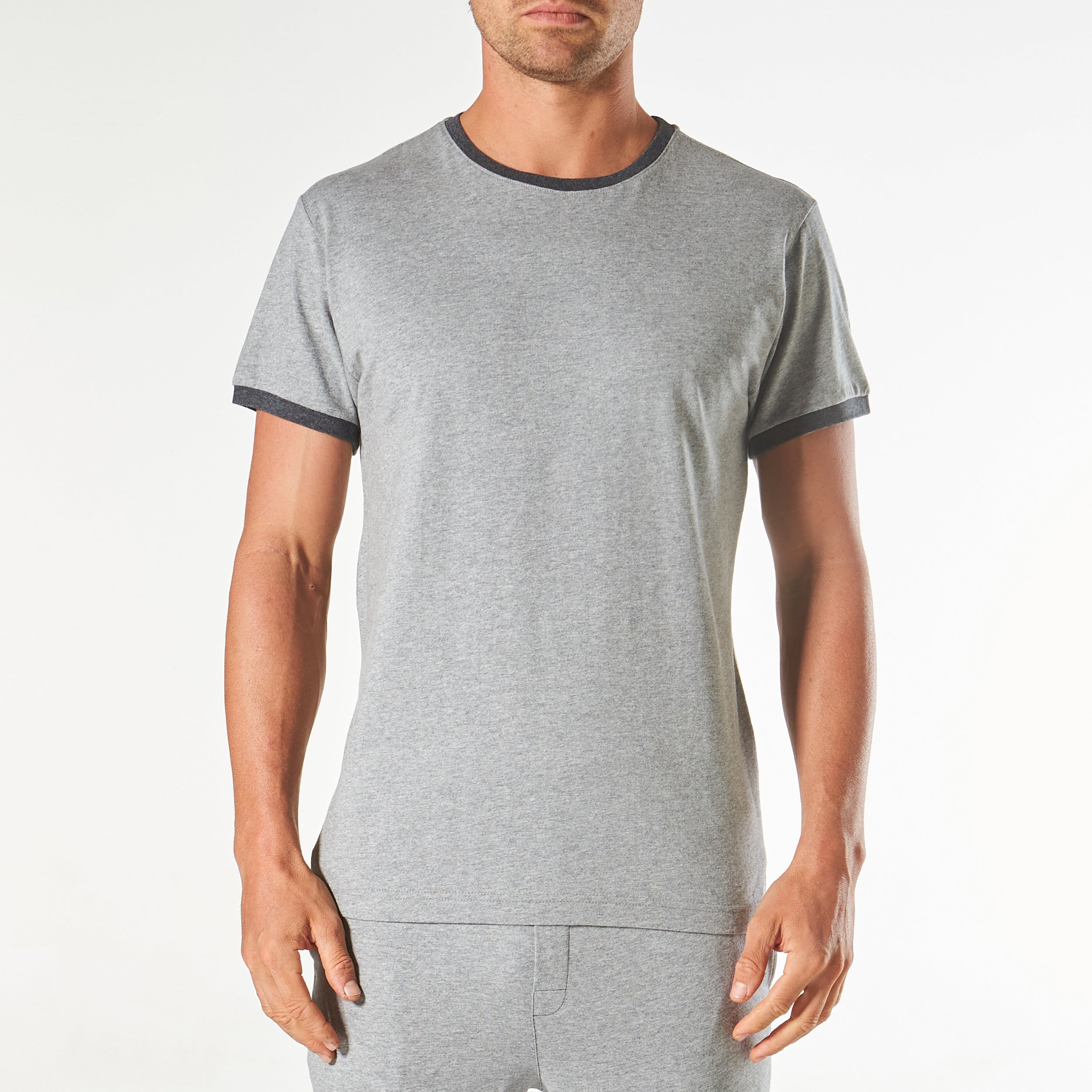 Men's Short Sleeve Contrast Sleep Tee - Grey Marle Cotton Comfort Shirt for Lounge & Nightwear | Perfect for Relaxing at Home, Travel & Sleepovers