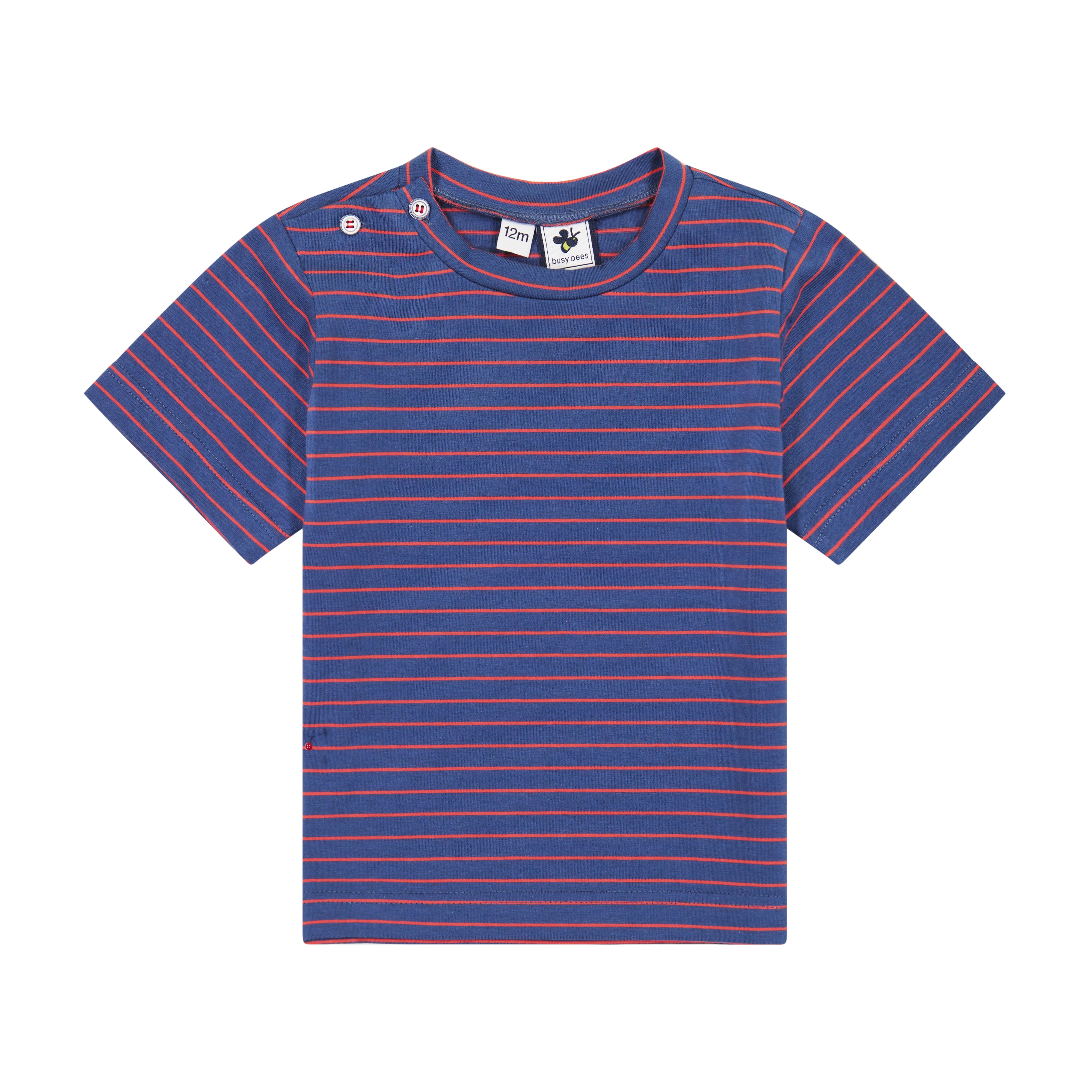Henry Boys Button Shoulder Tee - Navy Blue with Red Stripes | Casual Short Sleeve Shirt for Toddlers | Perfect for Playdates, School & Family Outings