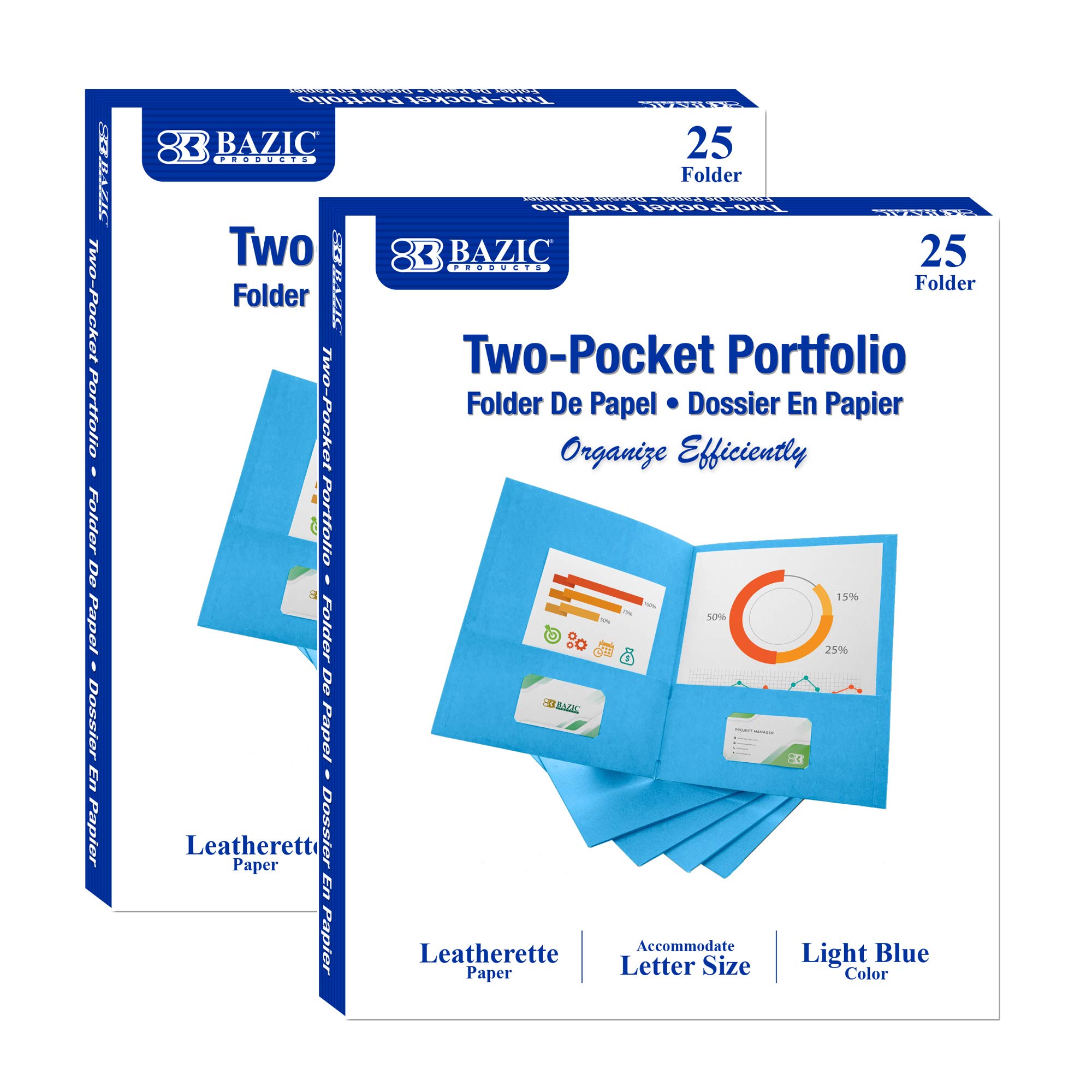 BAZIC 2-Pocket Letter Size Leatherette Paper Folder - Premium Office Document Organizer with 50-Count Light Blue Portfolios | Perfect for School, Work, Business Meetings & File Storage