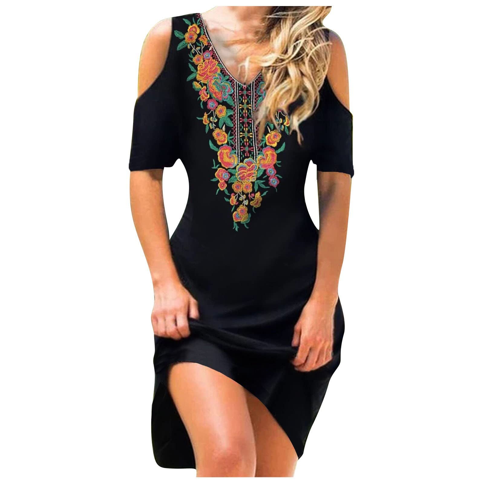 HUANKD Women's Summer Dress - Flare V-Neck Button Down Beach Dress for Rehearsal Dinner & Outdoor Events (Black, Sizes S-2XL) | Perfect for Beach Vacations, Date Nights & Summer Parties
