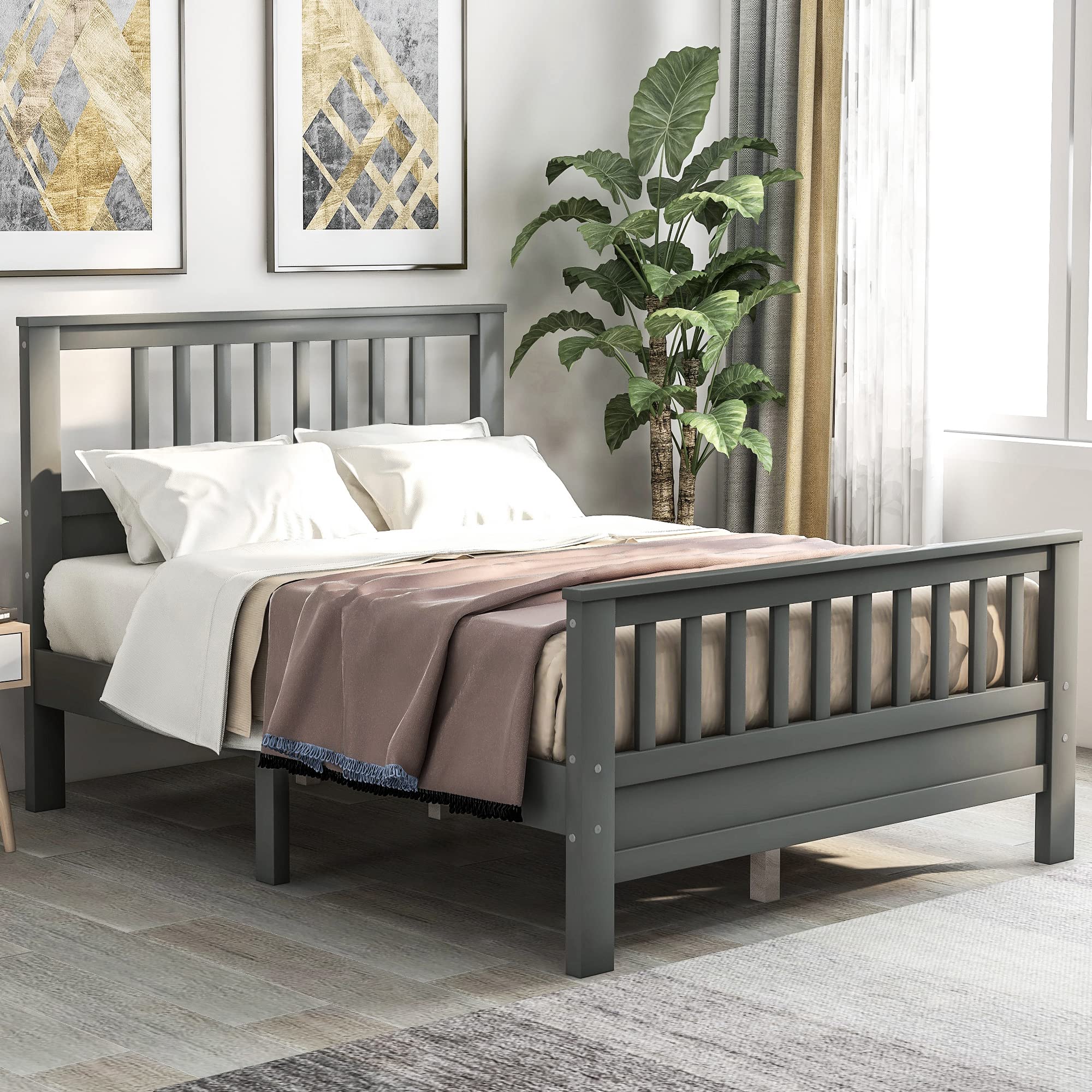 DeepRoar Solid Wood Bed Frame with Headboard - Heavy Duty 500lb Support for All Ages, No Box Spring Needed - Perfect for Bedrooms & Guest Rooms