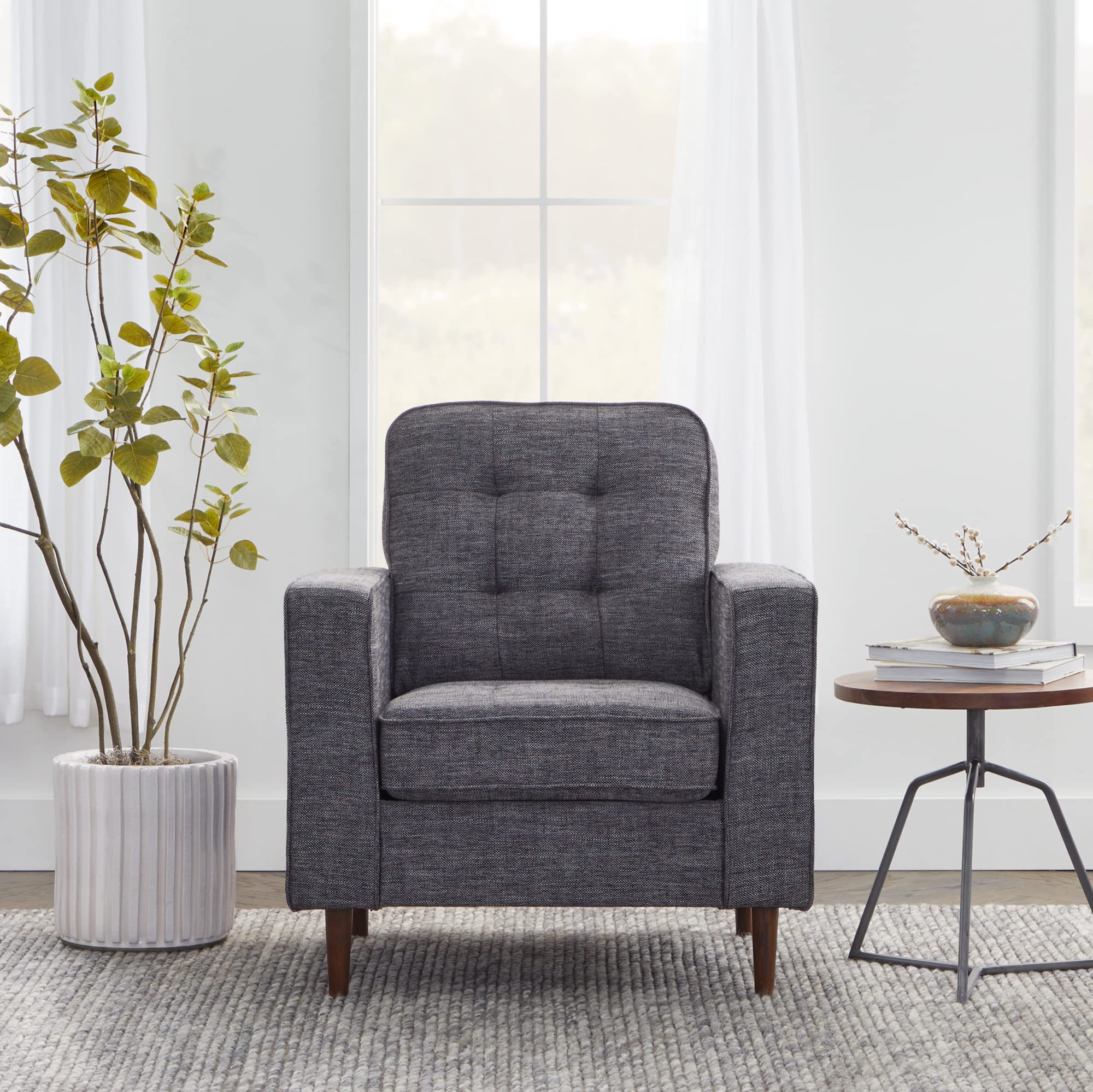 Edenbrook Lynnwood Upholstered Accent Chair - Modern Mid-Century Living Room Chair with Charcoal Fabric - Small Space Furniture for Home Office, Bedroom & Lounge Areas