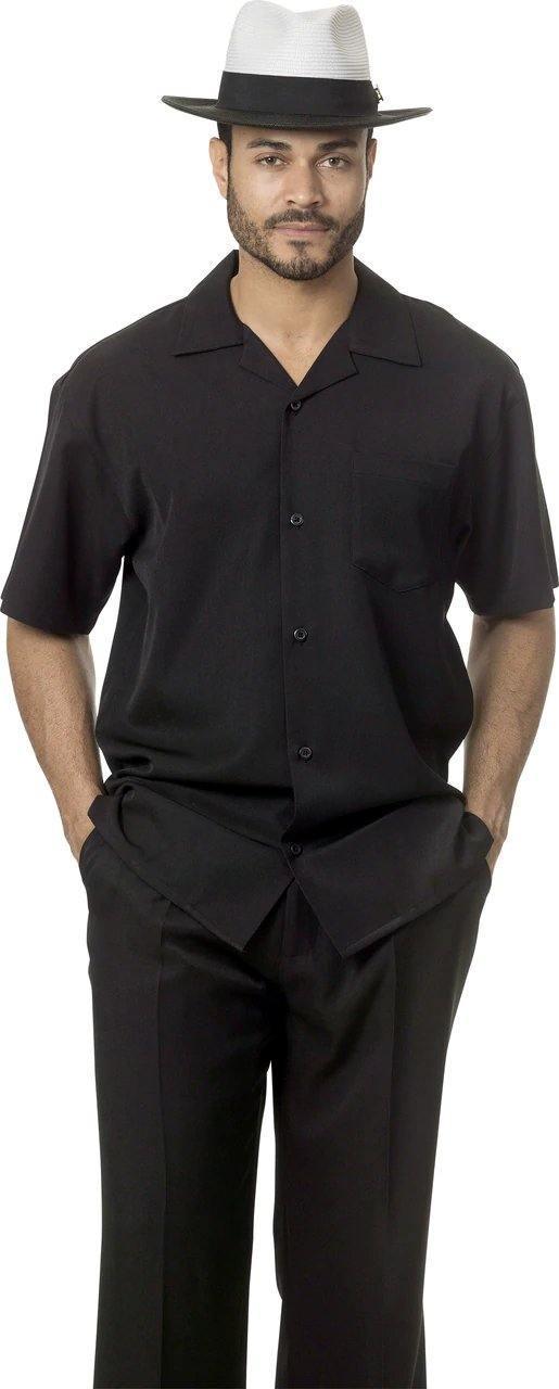 Montique Men's 2-Piece Short Sleeve Walking Suit - Solid Black Comfortable Outfit for Casual Wear, Gym, and Outdoor Activities