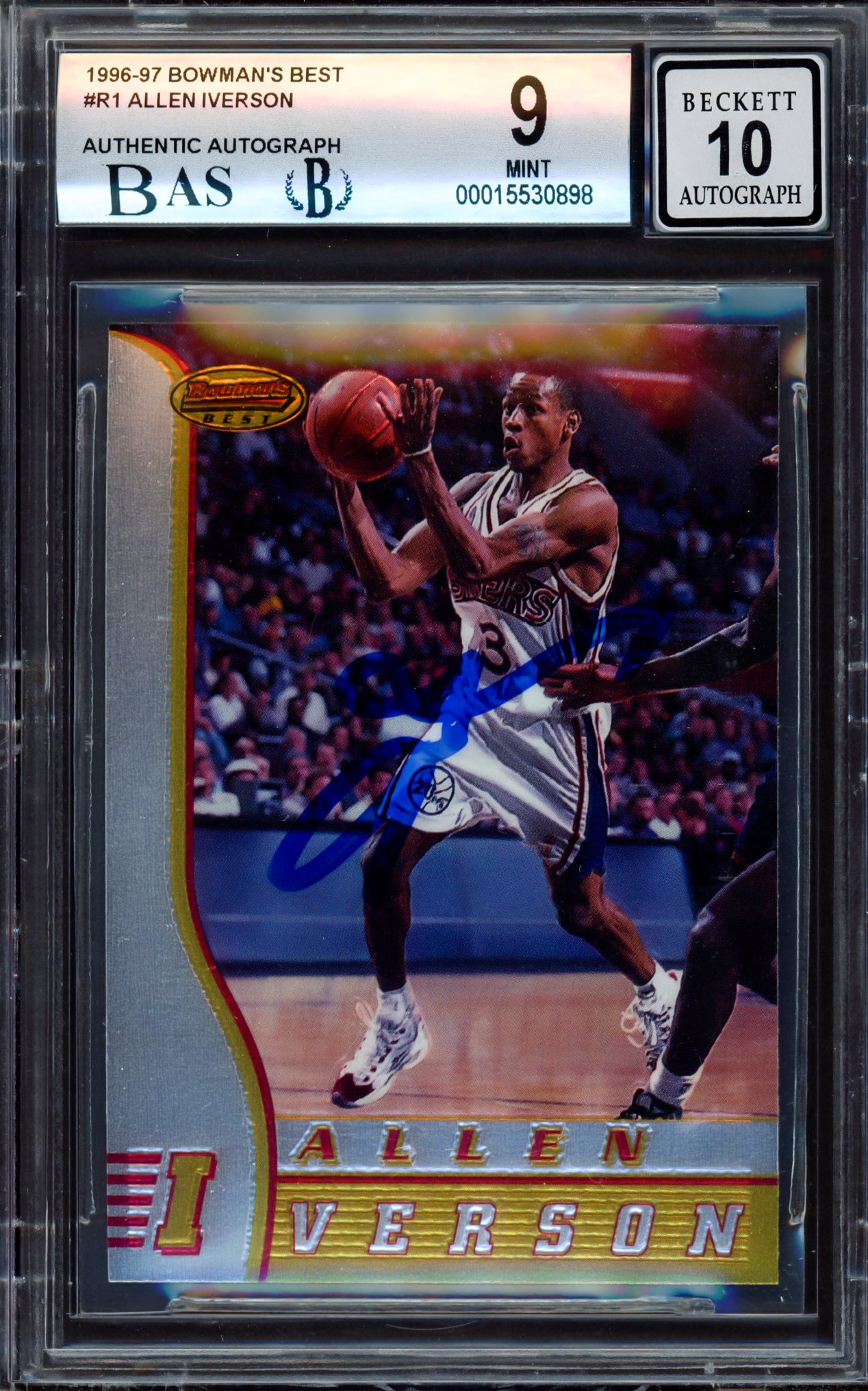 Allen Iverson Autographed 1996-97 Bowman's Best Rookie Card #R1 Philadelphia 76ers - BGS 9 Auto Grade Gem Mint 10 Beckett Certified - Perfect for NBA Memorabilia Collectors & 76ers Fans Display