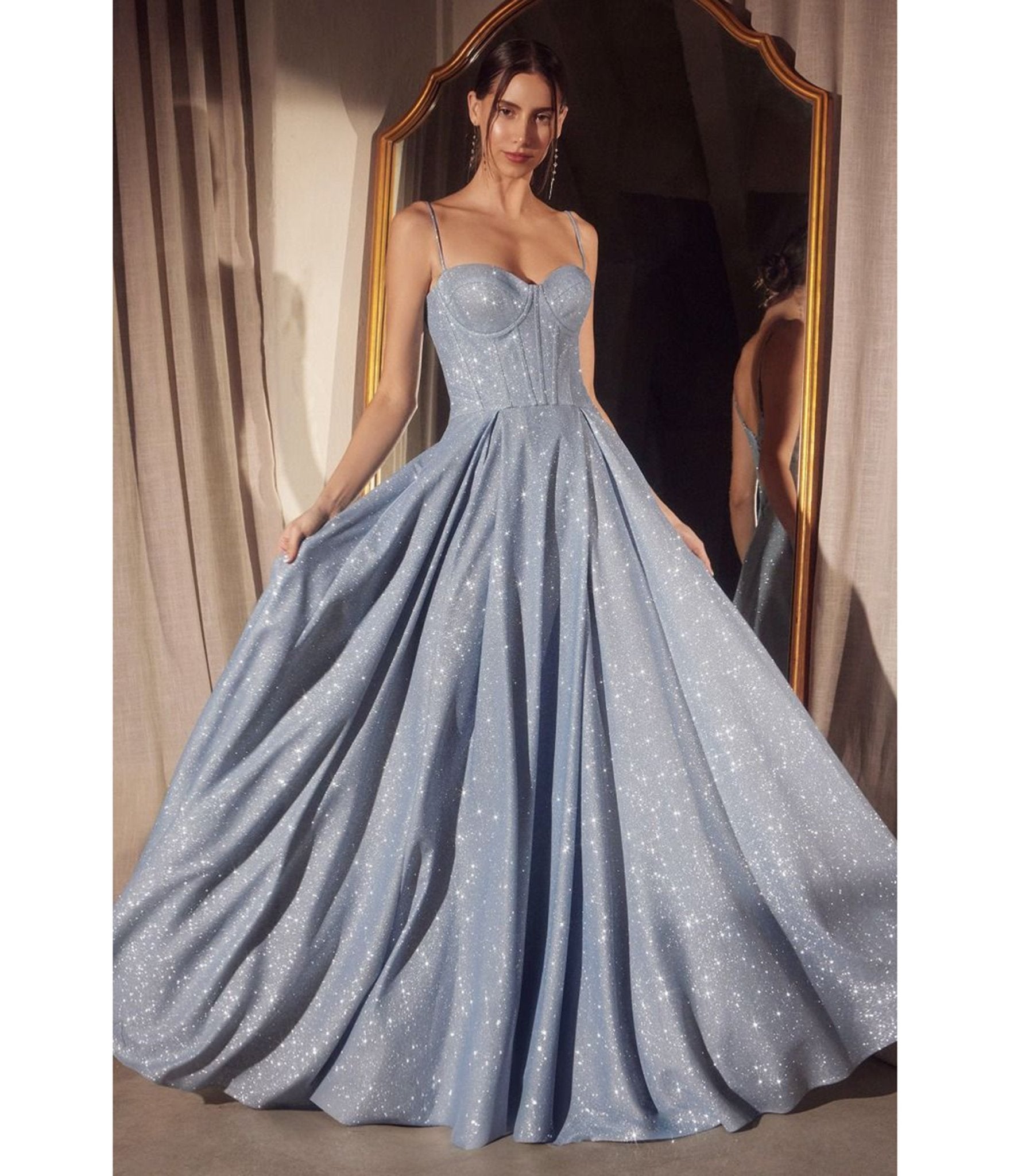Cinderella Divine Light Blue Glitter Prom Dress - Sleeveless A-Line Gown with Slit for Homecoming, Pageant, and Formal Events