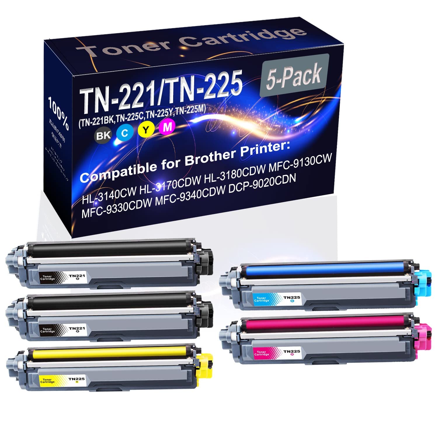 5-Pack High Capacity Compatible HL-3140CW HL-3150CDN Laser Printer Toner Cartridge (2BK+C+Y+M) - Replacement for Brother TN221 TN225 (TN-221BK TN-225C TN-225Y TN-225M) - Ideal for Office Printing, Home Use & Small Business Documents