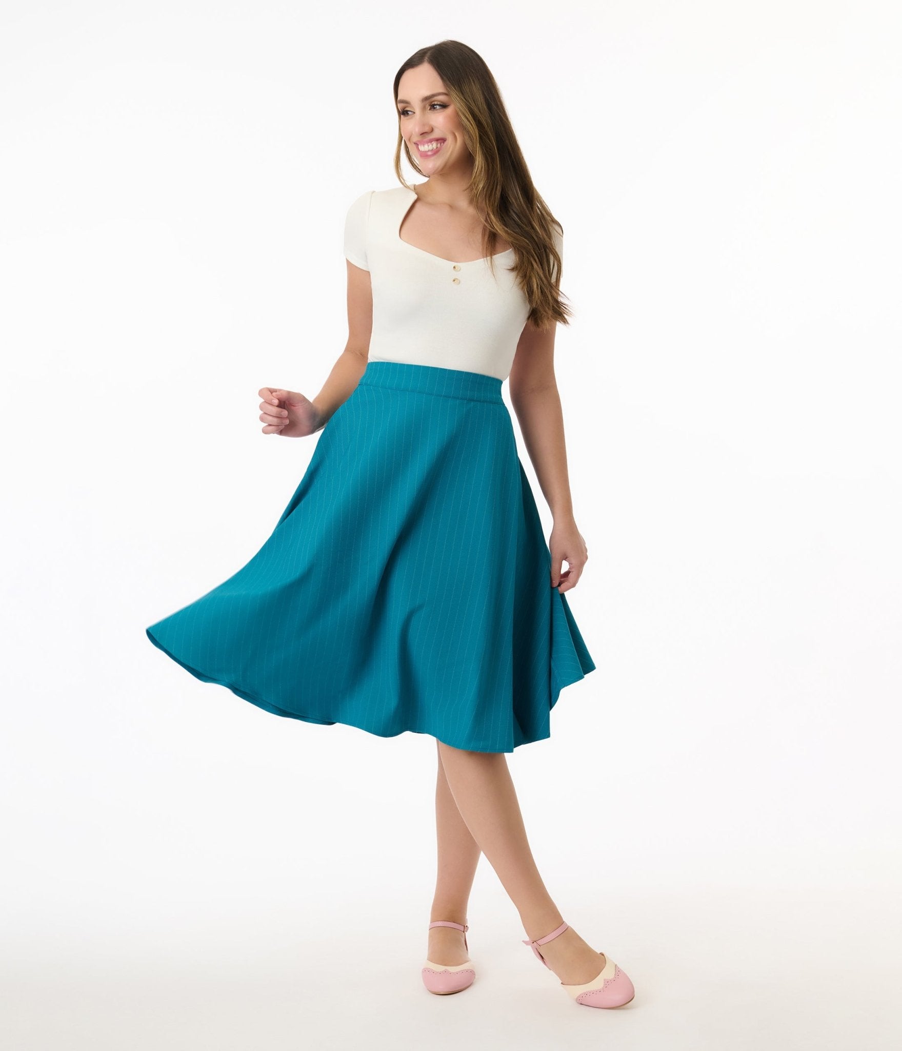 Vintage 1950s Royal Monk Blue Pinstripe Swing Skirt - Retro A-Line Circle Skirt for Women, Perfect for Swing Dancing, Rockabilly Outfits & 50s Themed Parties