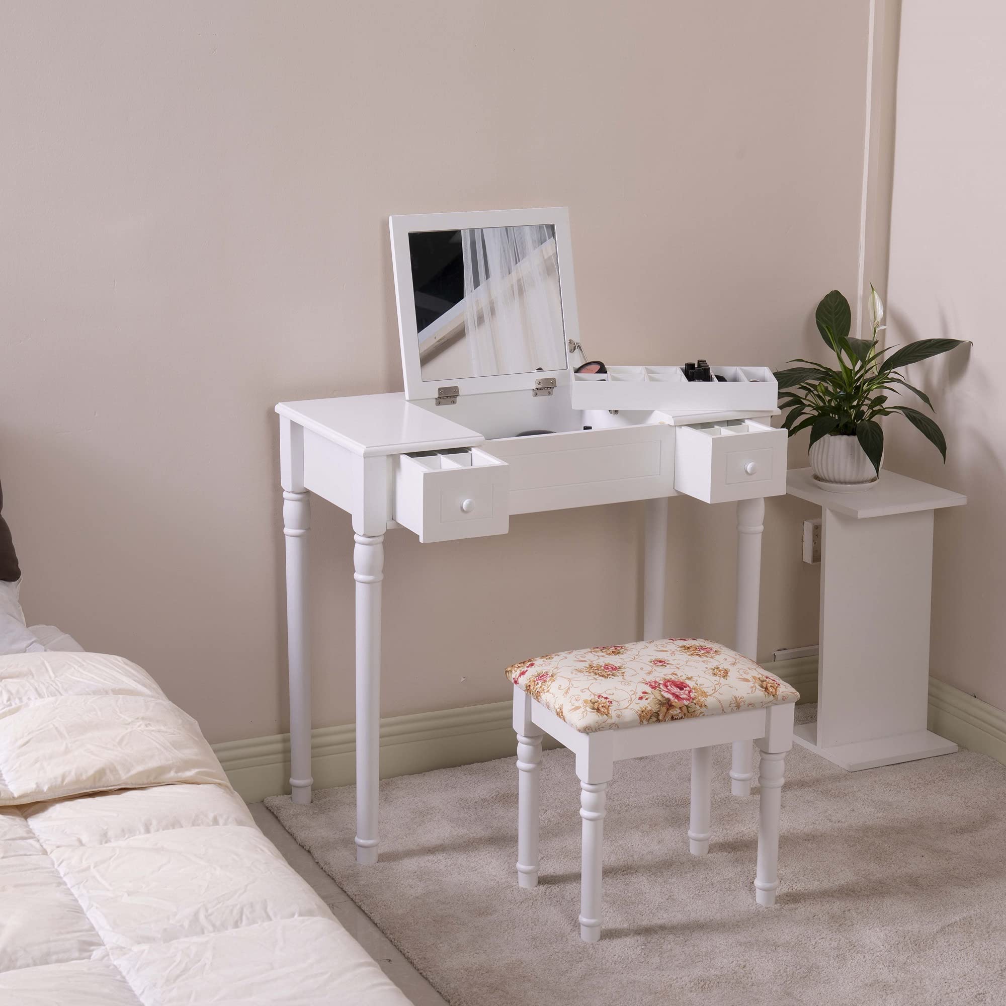 White Wooden Vanity Makeup Table with Flip Top Mirror - Dressing Desk, Writing Desk & Computer Table for Bedroom, Home Office & Beauty Salon