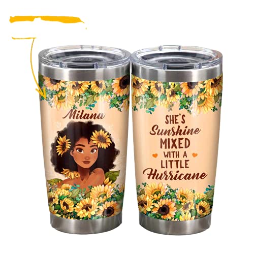 Personalized Black Girl She's Sunshine Mixed With A Little Hurricane Stainless Steel Tumbler - 20oz Insulated Coffee & Tea Cup with Lid - Custom Engraved Gift for Women, Birthday, Christmas, Thanksgiving - Perfect for Office, Travel & Outdoor Activities