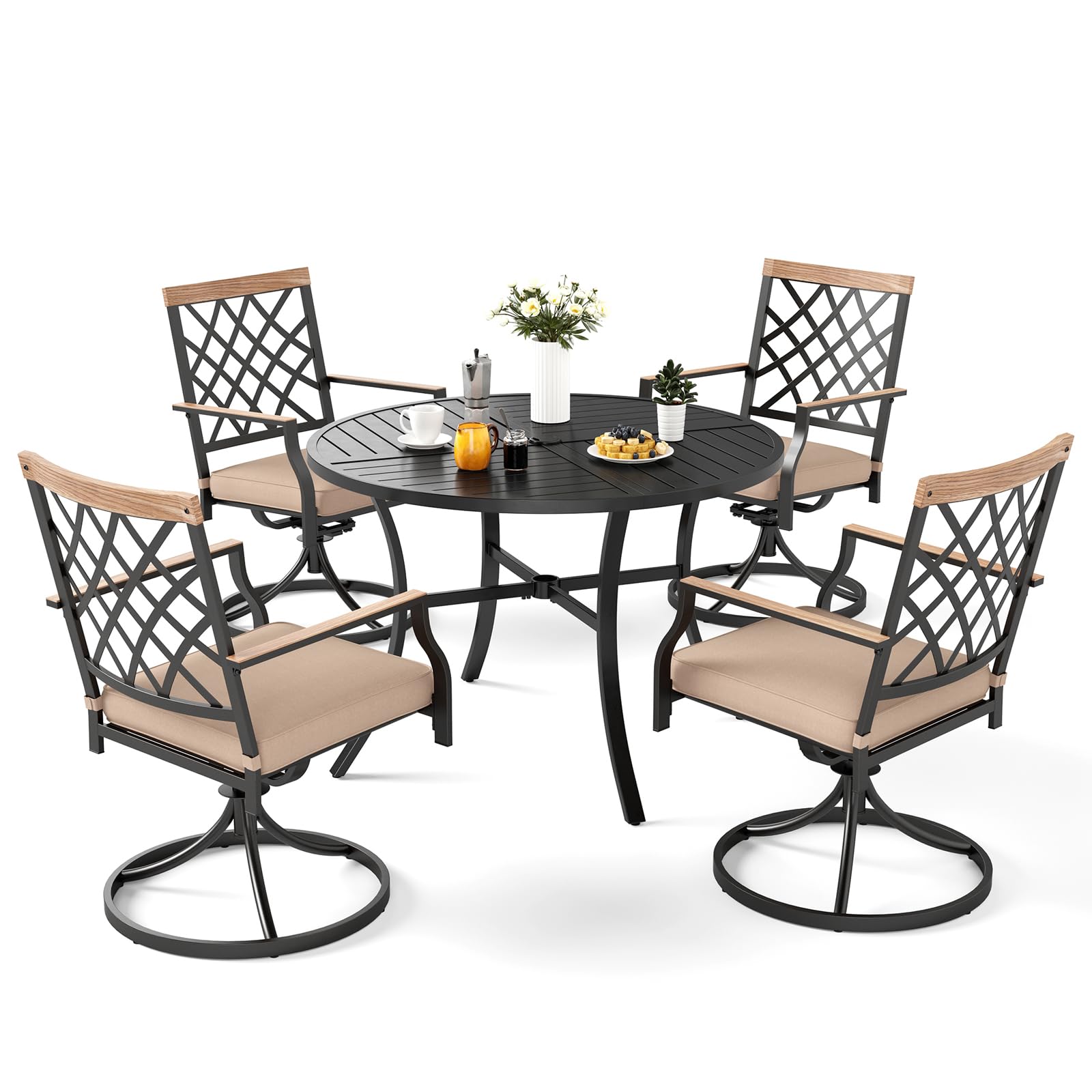 MFSTUDIO 5-Piece Outdoor Dining Set - 4 Swivel Metal Chairs with Cushions & 1 Heavy-Duty Round Table - All-Weather Patio Furniture for Garden, Backyard, and Poolside Entertaining