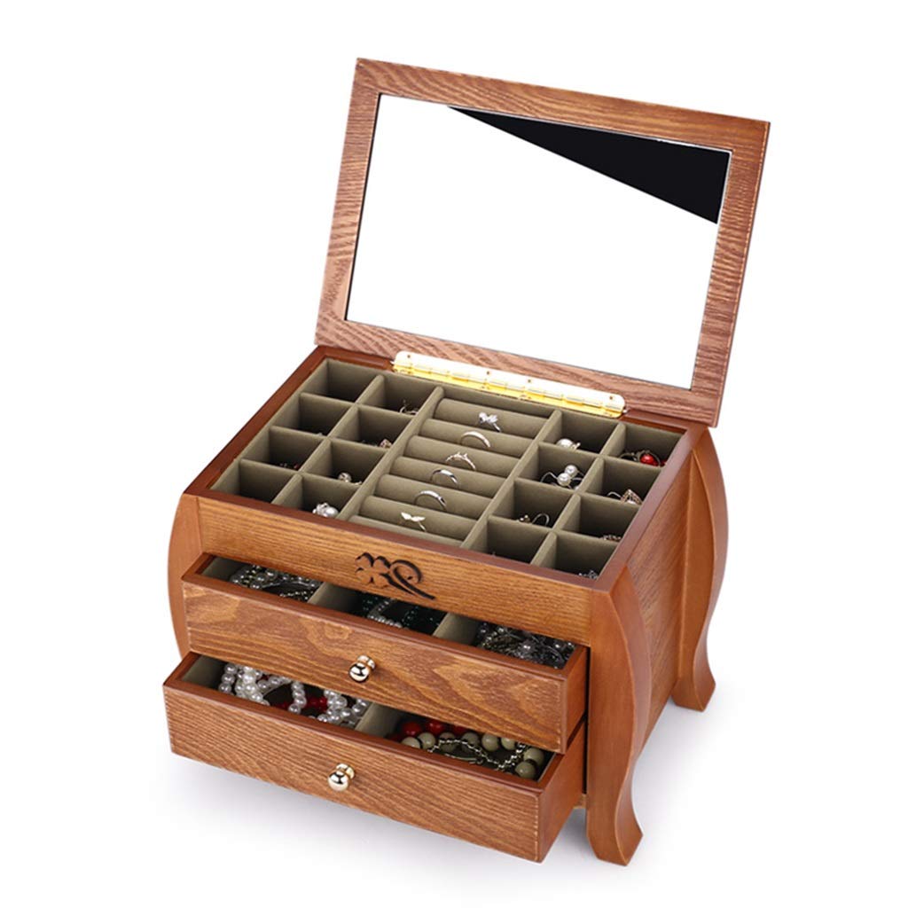 ZSP Wooden 3-Tier Jewelry Organizer with Mirror - Jewelry Storage Box & Display Stand for Necklaces, Rings, Earrings - Perfect for Bedroom Vanity, Closet Organization & Travel Jewelry Case