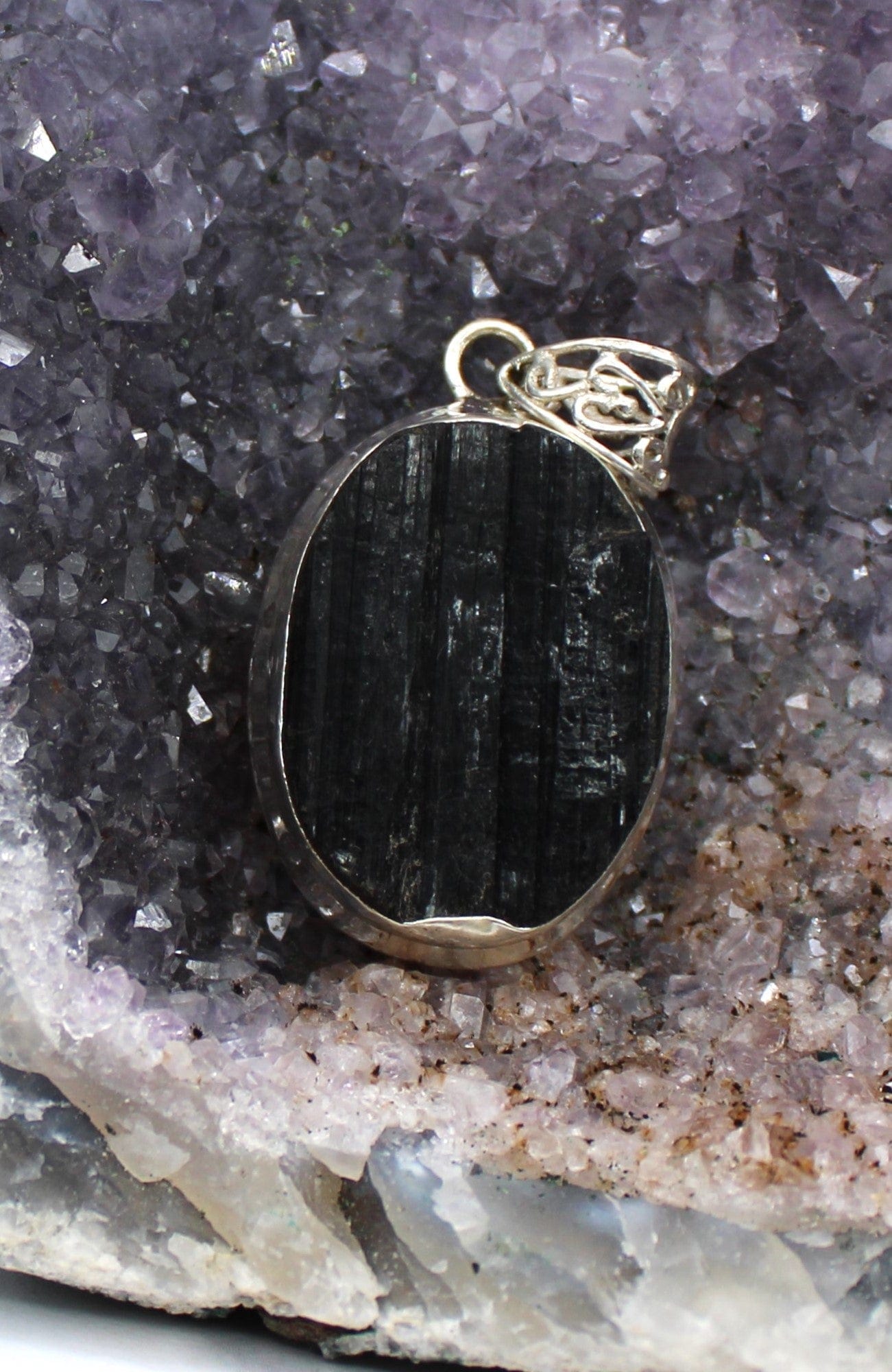 Black Tourmaline Pendant Necklace in 925 Sterling Silver - Protection Jewelry for Meditation & Energy Cleansing