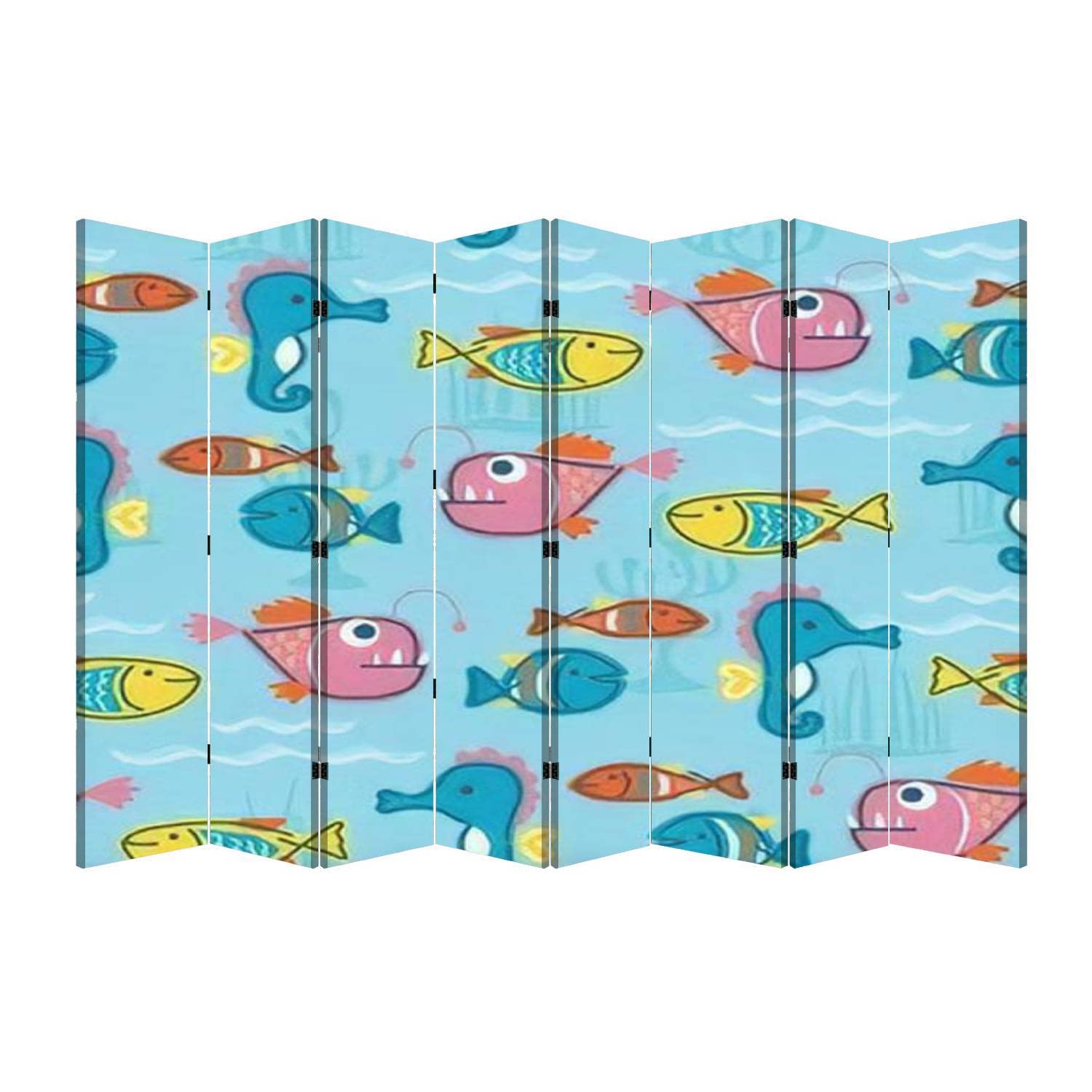 8-Panel Folding Room Divider - Blue Ocean Marine Animal Cartoon Design, Portable Freestanding Privacy Screen for Home, Office & Bedroom - Perfect for Space Separation, Nursery Decor, and Room Partitioning