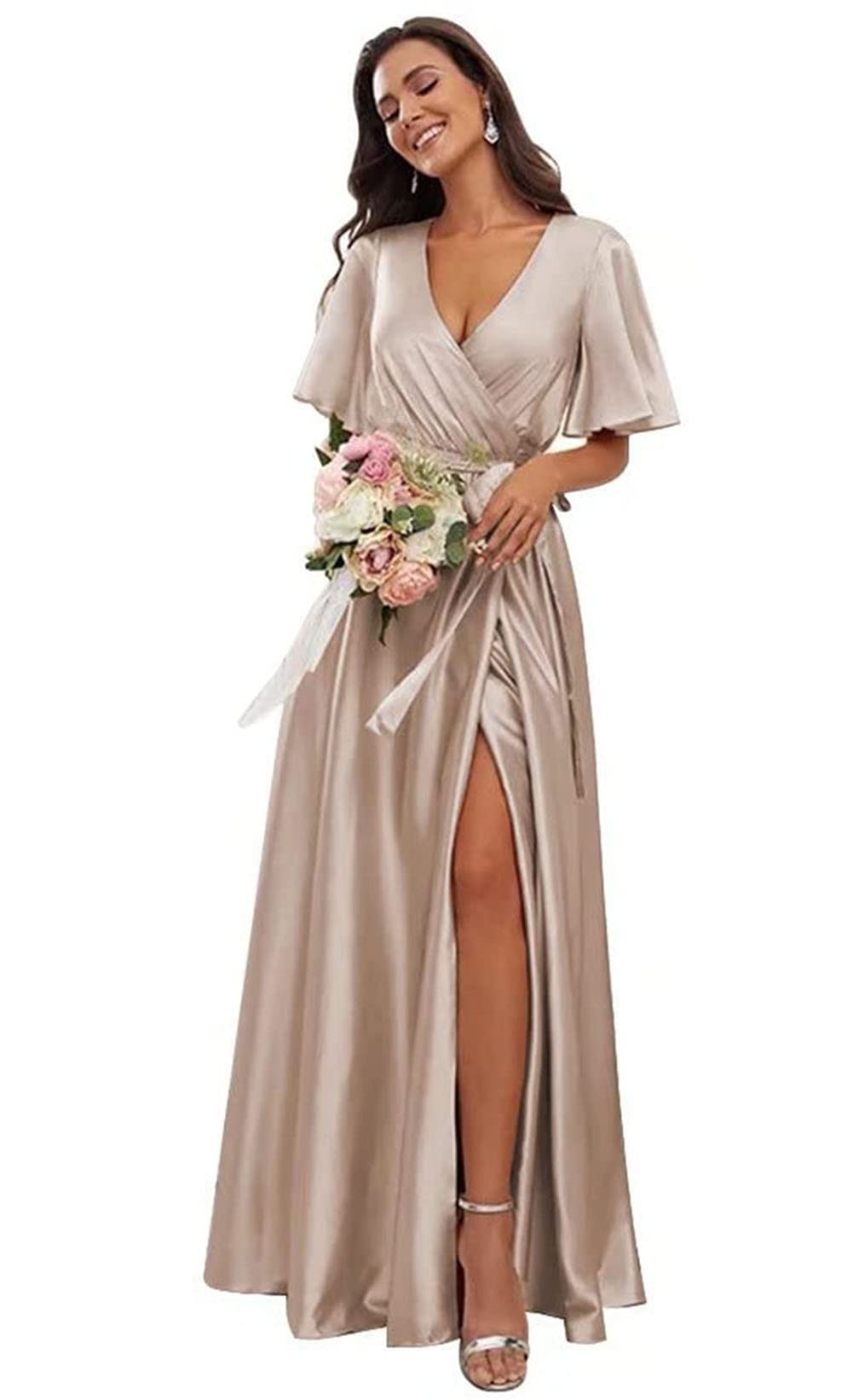 COEYOUES Women's Short Sleeve Bridesmaid Dress - A-Line V-Neck Satin Wedding Guest Dress with Thigh Slit | Perfect for Bridal Party, Formal Events & Evening Occasions