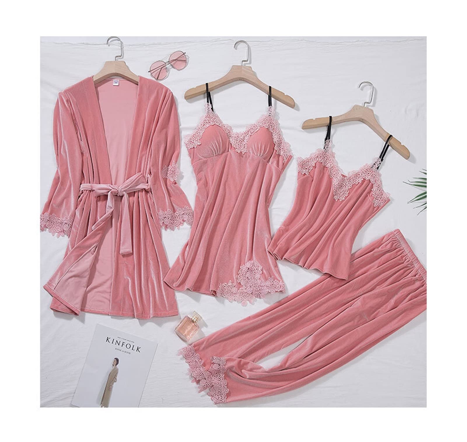 Burgundy Velour Pajama Set for Women - 4 Piece Kimono Robe & Nightgown Sleepwear Set with Lace Flower Trim - Warm Winter Bathrobe Gown (Dark Pink, XL) - Cozy Loungewear for Home Relaxation & Spa Days