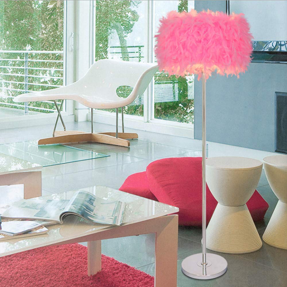 LAKIQ Modern Standing Floor Lamp with Feather Drum Shade - Plug-in Floor Lighting for Living Room, Bedroom, Reading - Soft Pink Home Decor (Perfect for Cozy Corners, Nightstands & Reading Nooks)