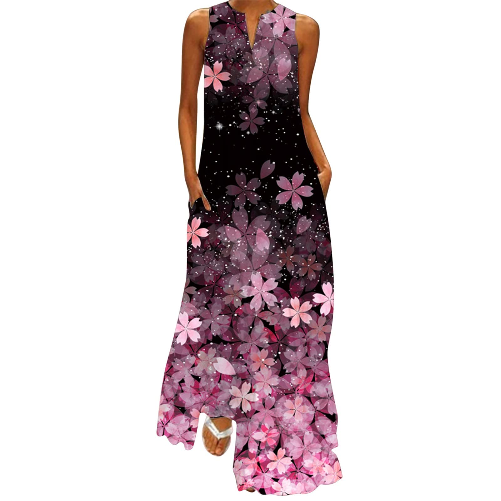WOCACHI Women's Bohemian Maxi Dress - Sleeveless Loose Summer Beach Dress with Pockets | Casual Long Dress for Vacation, Outdoor & Boho Fashion