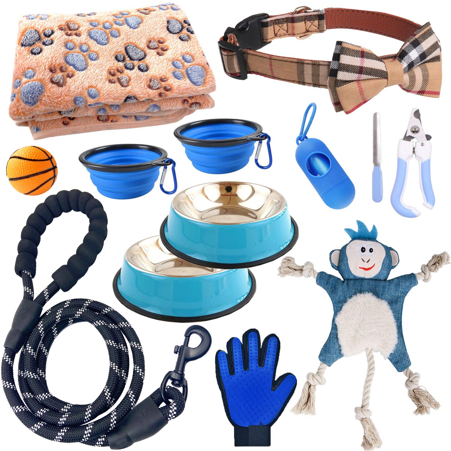 TEEMERRYCA 12-Piece Puppy Starter Kit for Small Dogs - Includes Feeding Bowls, Collar, Leash, Blanket, Squeaky Toys & Grooming Glove - Essential Daily Accessories for Male Puppies - Perfect for Training, Feeding, Playtime & Grooming