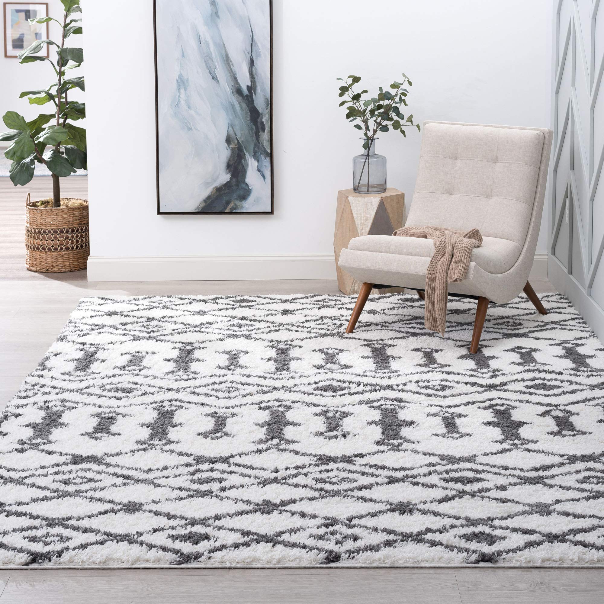 Tania White Large 9x12 Shag Rug - Soft Plush Area Rug for Living Room, Bedroom, Dining Room - Geometric Pattern Carpet for Home Decor - Perfect for Cozy Spaces, Modern Interiors & High-Traffic Areas