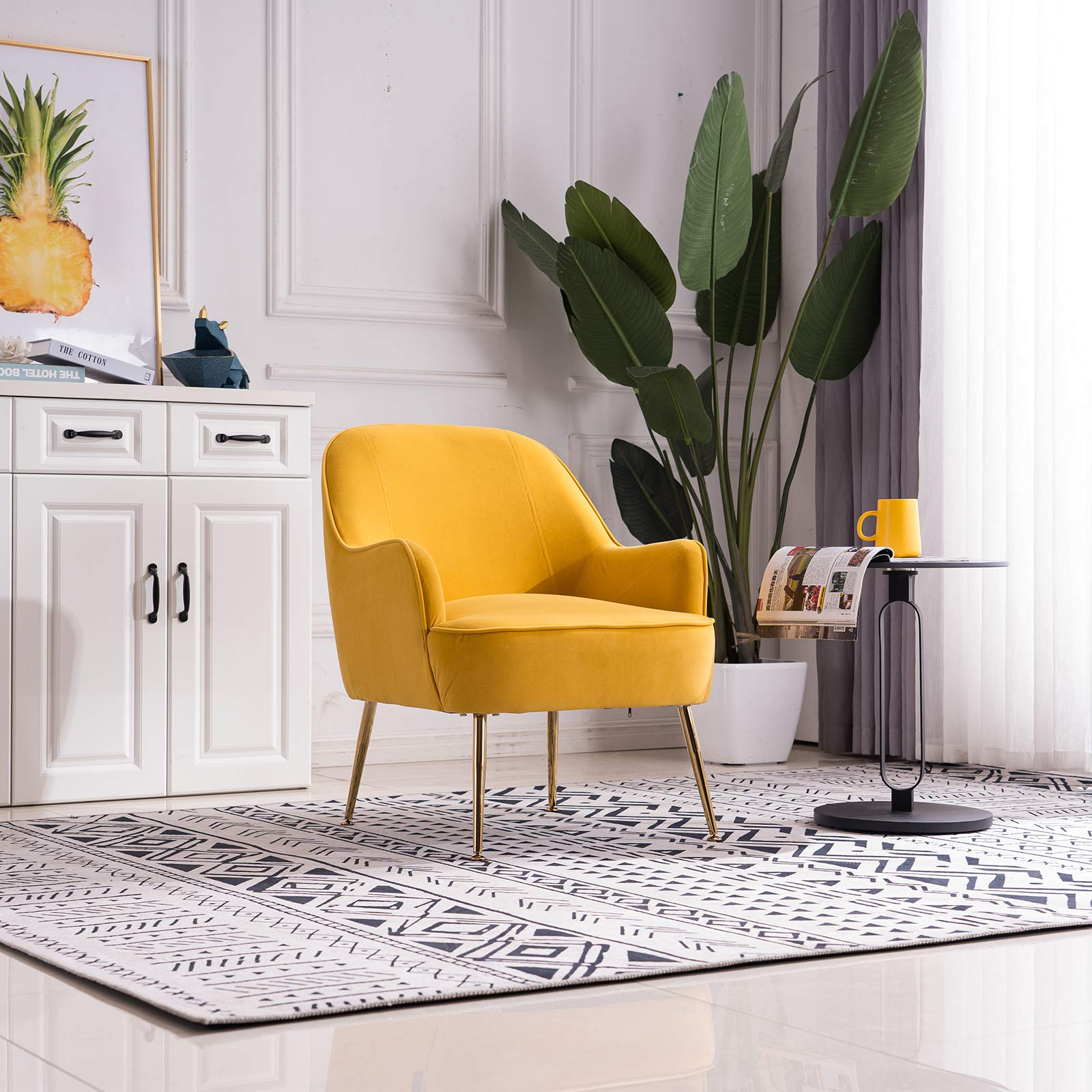Modern Soft Velvet Yellow Ergonomic Accent Chair with Gold Metal Legs - Adjustable Height Living Room, Bedroom & Home Decor Chair for Comfortable Seating | Perfect for Reading Nook, Lounge Area & Small Spaces