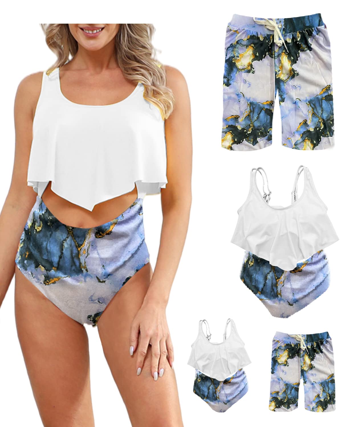 Stylish Matching Family Swimsuits - Ruffle & Palm Print Bikini Top with High Waisted Bottom Tankini Set | Perfect for Beach Vacations, Pool Parties & Summer Family Photos
