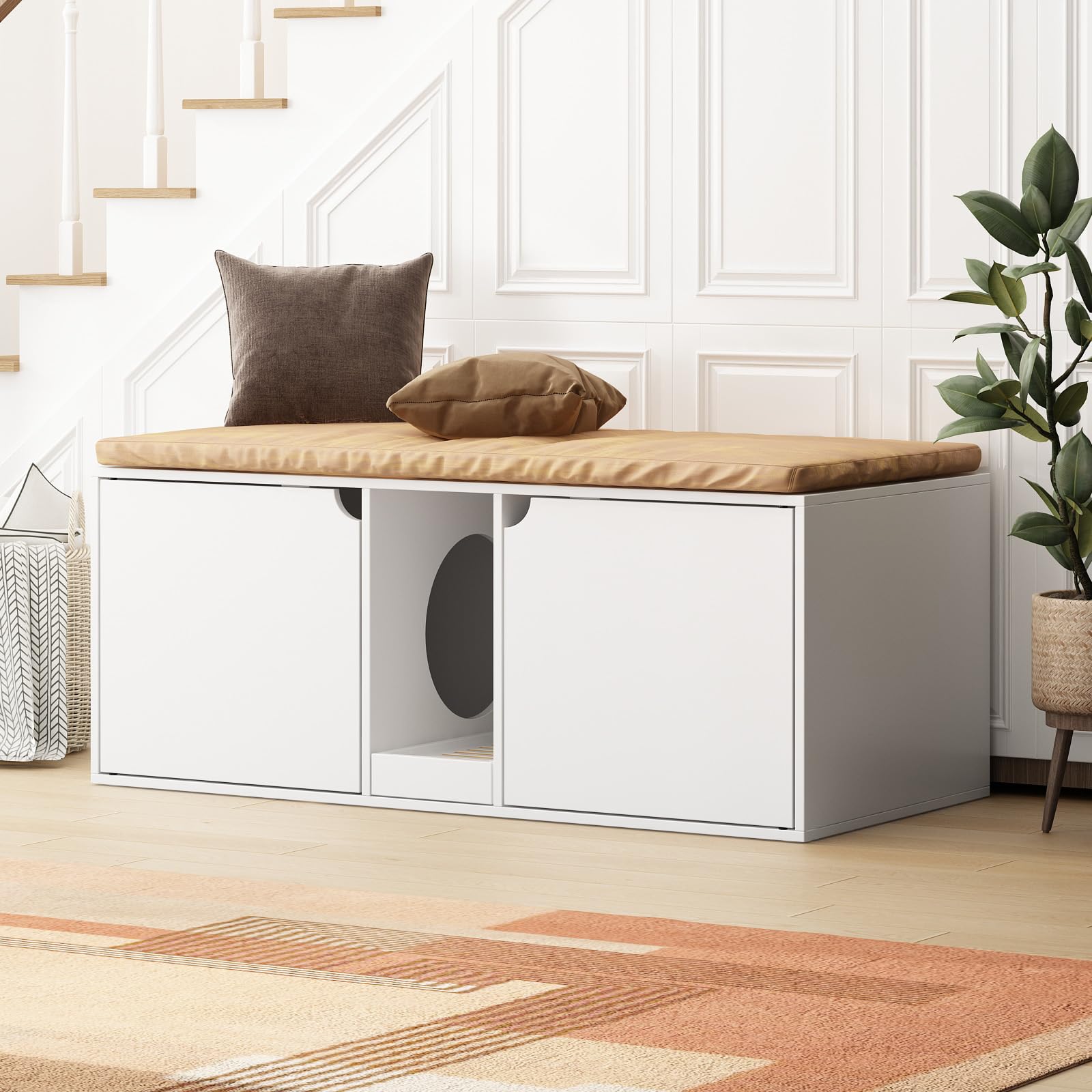Modern Wooden Cat Litter Box Enclosure for 2 Cats - Stackable Large Cat Washroom Storage Cabinet with Removable Tray - Multi-Functional Bench & End Table Furniture (White) - Perfect for Living Rooms, Bedrooms & Small Spaces