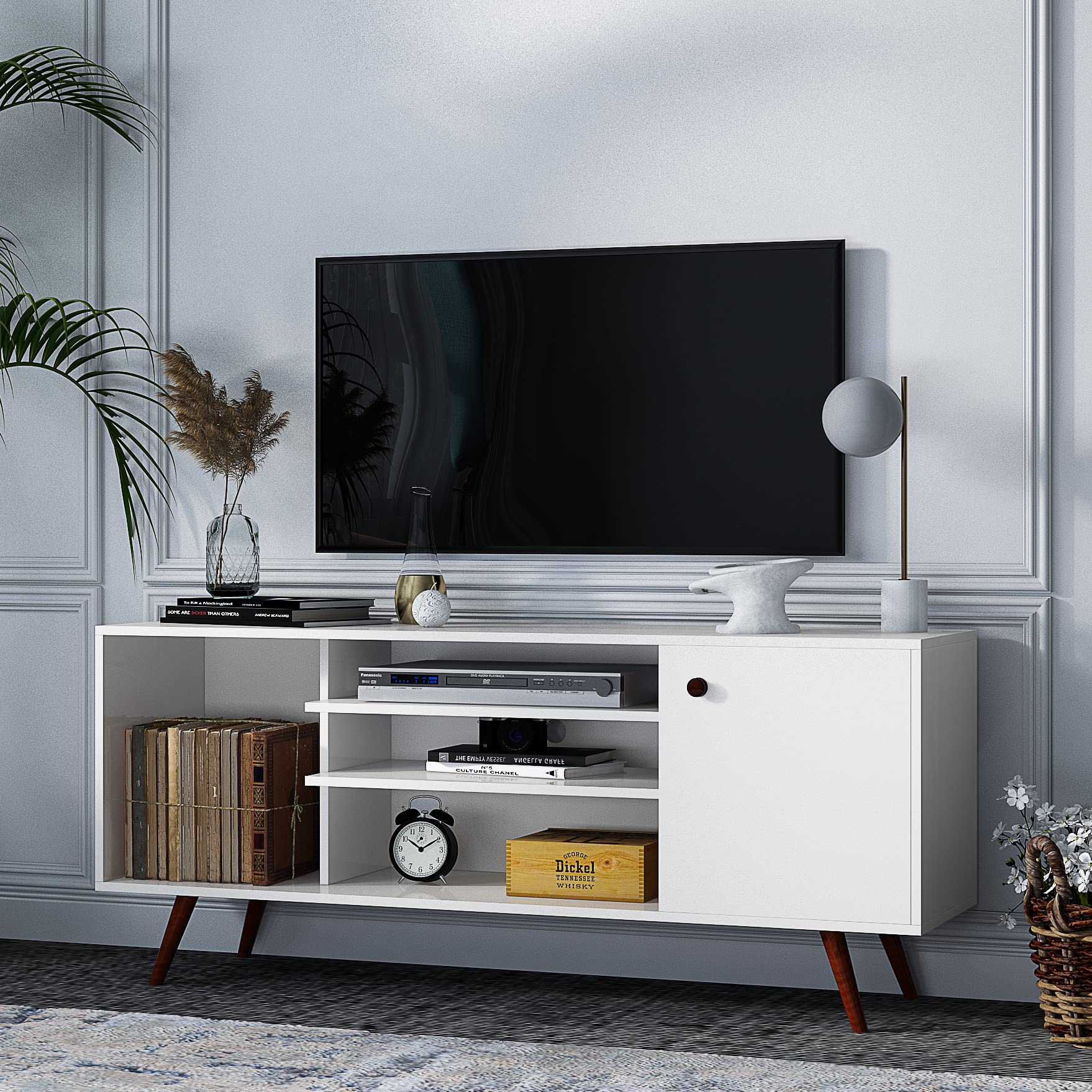 JOYSOURCE White Mid Century Modern TV Stand - Wood Entertainment Center with Open Shelves & Cabinets for 60 Inch TV - Rustic TV Console Table for Living Room, Bedroom - Perfect for Home Theater, Gaming Setup & Family Entertainment