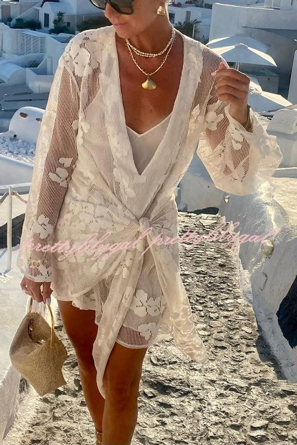 Floral Lace Long Sleeve Wrap Mini Dress - Beach Vacation Outfit for Women | Perfect for Summer Getaways, Pool Parties & Tropical Vacations