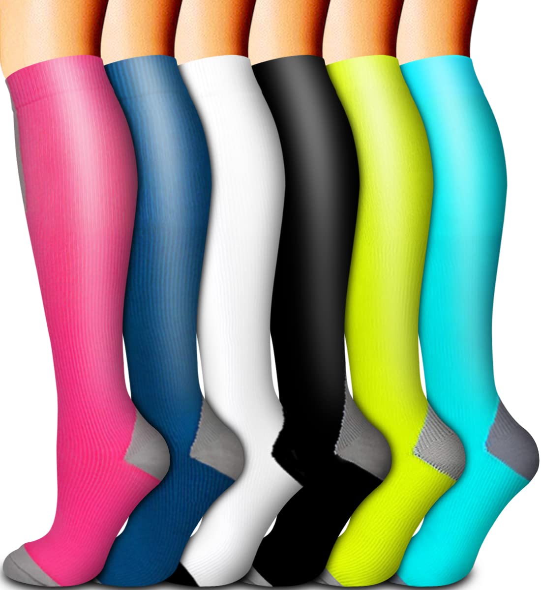 Best Compression Socks for Women & Men - 6 Pairs Graduated Support Socks for Improved Circulation, Running, Athletic Sports & Travel - Perfect for Workouts, Recovery & Long Flights