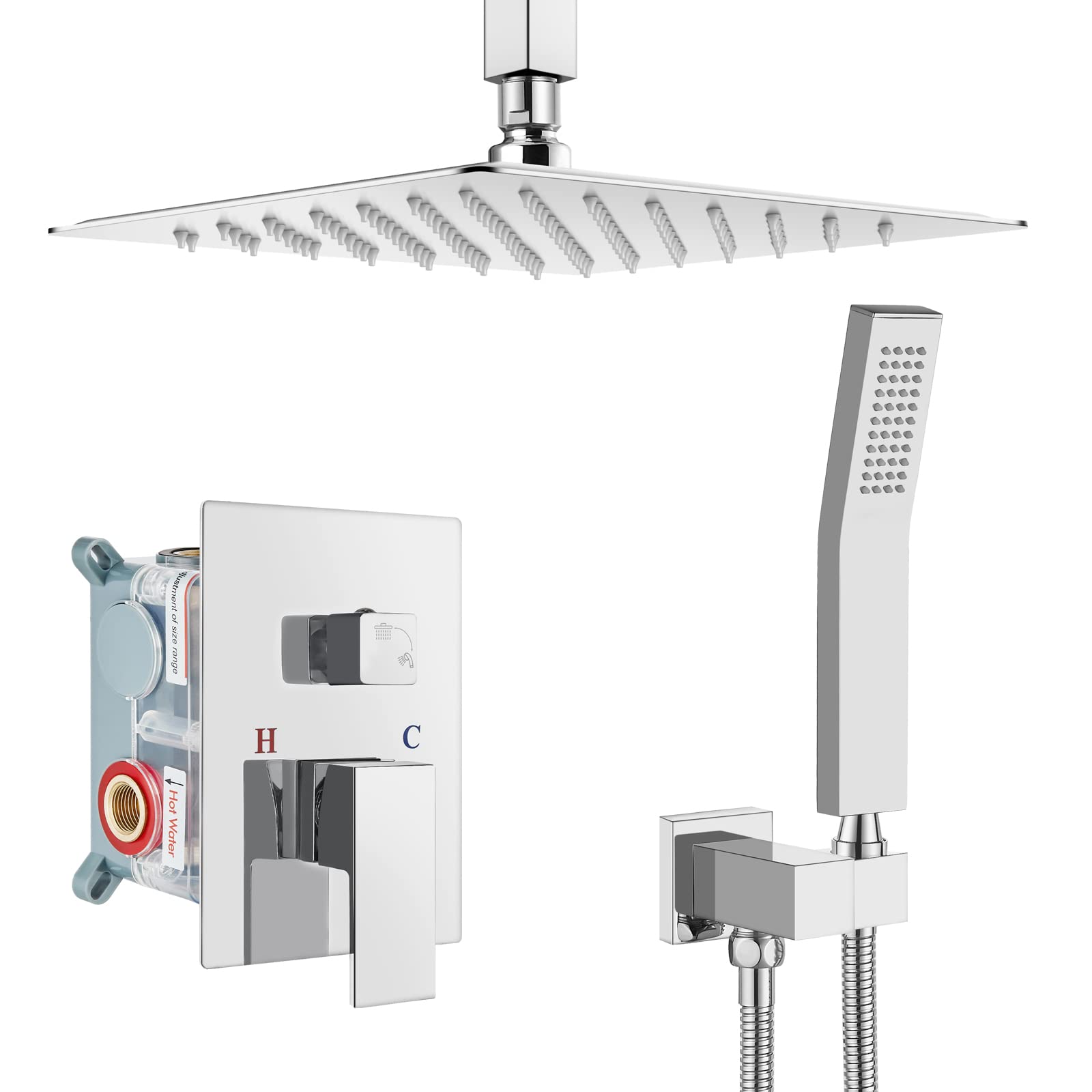 Gotonovo Luxury 12 Inch Rain Shower System - High Pressure Ceiling Mount Shower Head with Handheld Spray, Polish Chrome Finish, Dual Function Combo Set (Includes Rough-in Valve & Shower Trim) - Perfect for Spa-Like Bathroom Experience and Modern Home Renovation