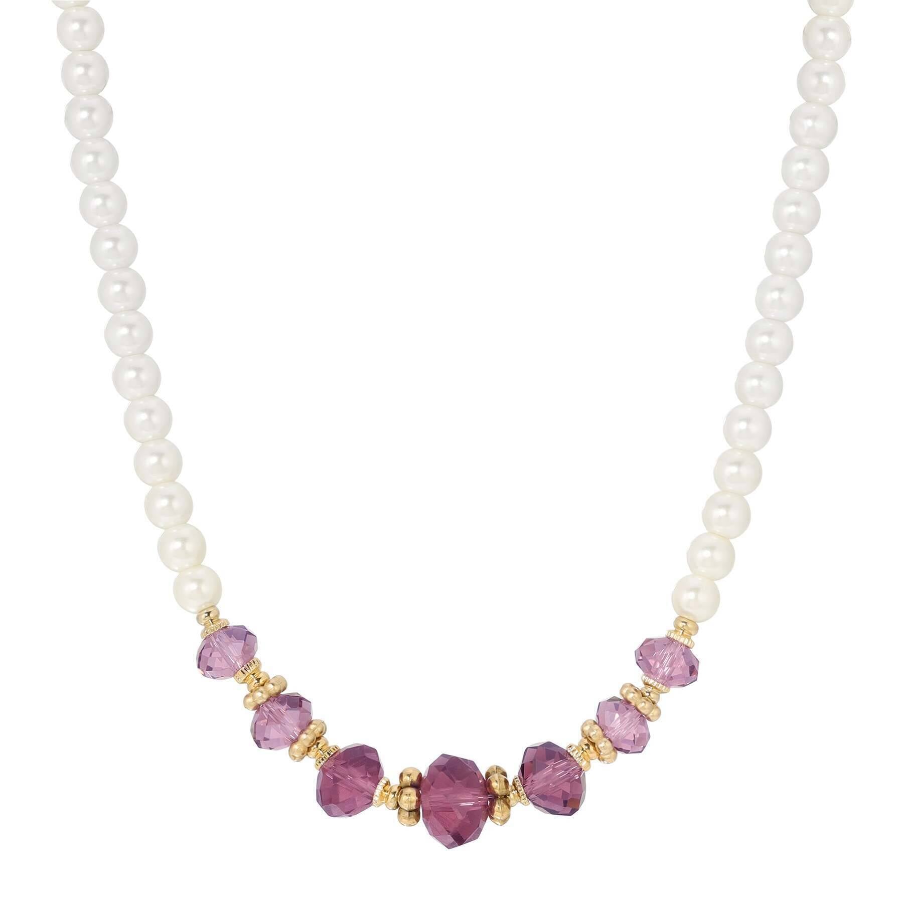 1928 Jewelry Amethyst Purple Glass Bead & Faux Pearl Strand Necklace with 15+3 Inch Extension - Elegant Vintage Style Jewelry for Women, Perfect for Weddings, Parties & Special Occasions