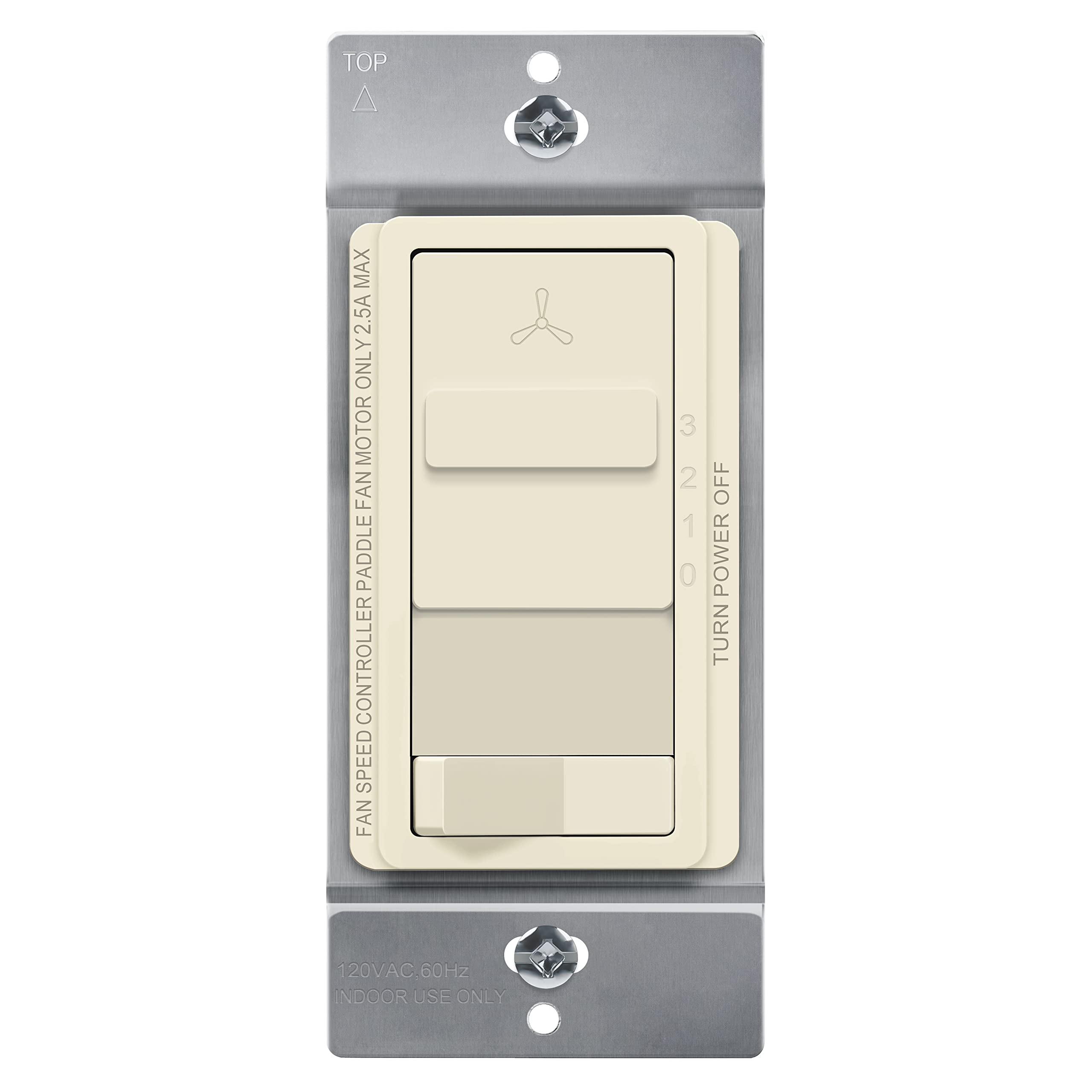 TOPGREENER Kalide Light Switch and 3-Speed Ceiling Fan Control Combo - Single Pole, No Neutral Wire Required (2.5A, 720W, TGSFS3-LA, Light Almond) - Perfect for Bedrooms, Living Rooms, and Home Offices