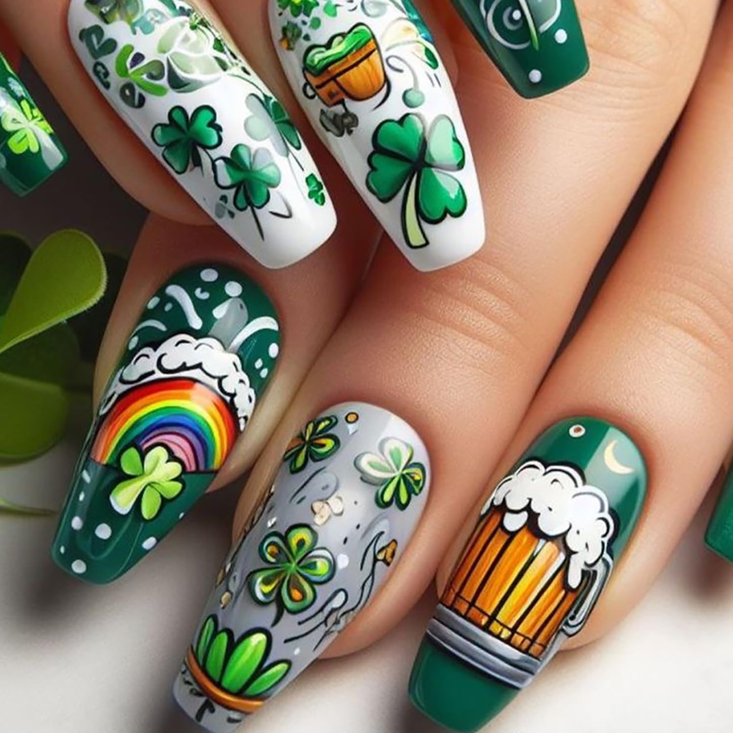 St. Patrick's Day Press On Nails - 24Pcs Long Coffin Fake Nails with Shamrock Design, Reusable Glue on Artificial Nails for Women & Girls | Perfect for Holiday Parties, Festive Events & Irish Celebrations