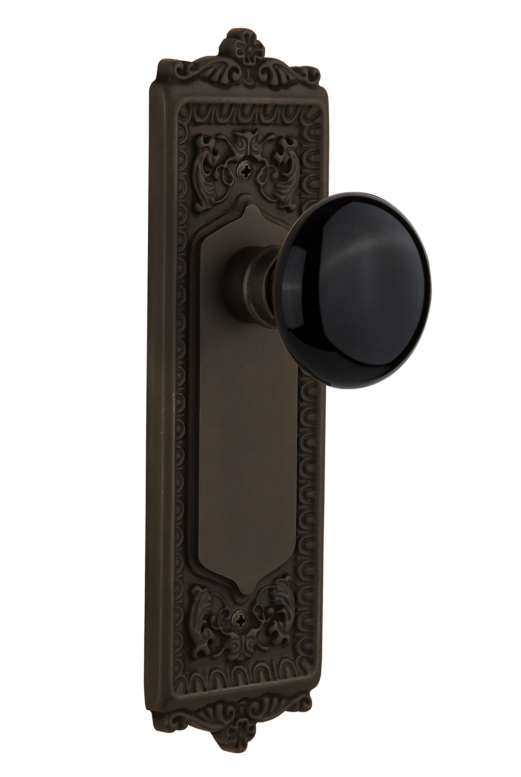 Nostalgic Warehouse 710202 Double Dummy Oil Rubbed Bronze Egg & Dart Plate with Black Porcelain Knob - Vintage Cabinet Hardware for Kitchen & Bathroom Remodeling