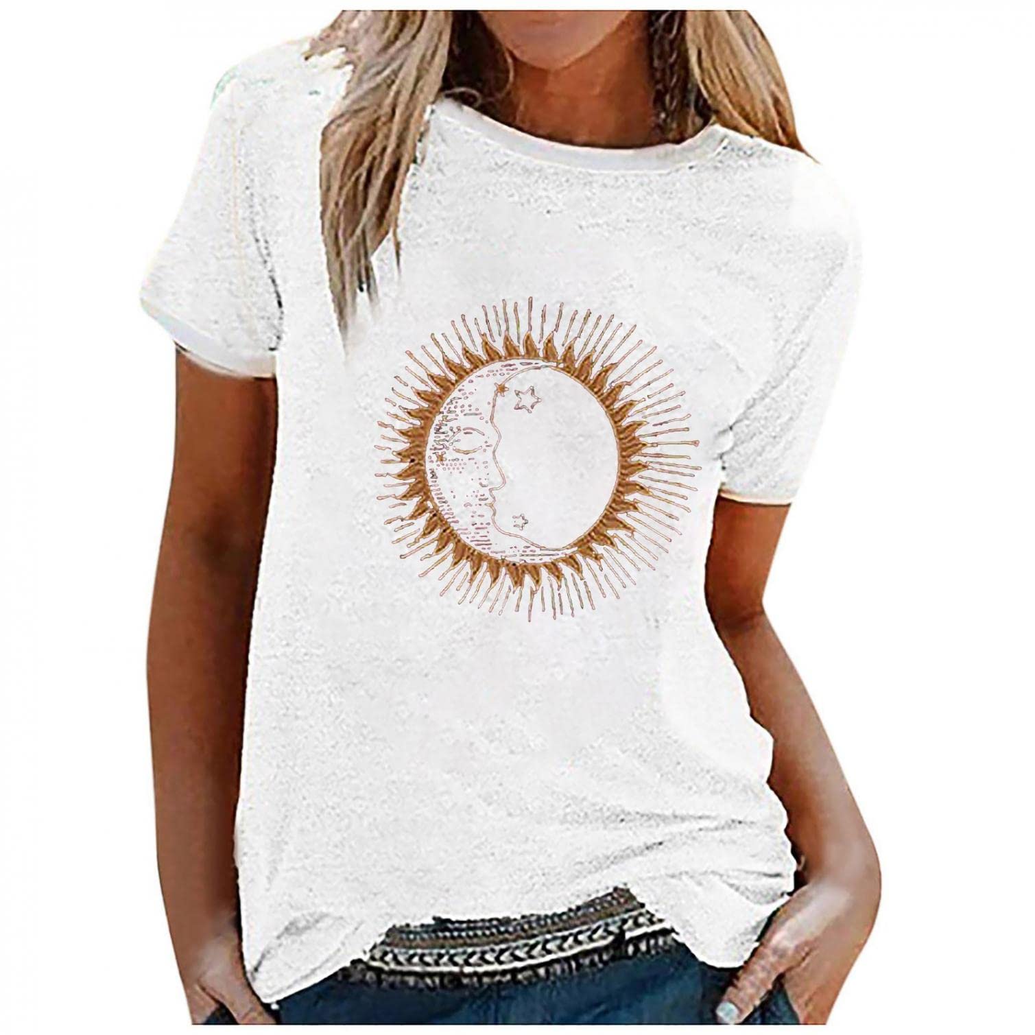 Women's Workout Tank Tops - Sun Moon Print Graphic Slim Sleeveless Shirts for Yoga, Running & Summer Fitness | Breathable Crewneck Casual Tees