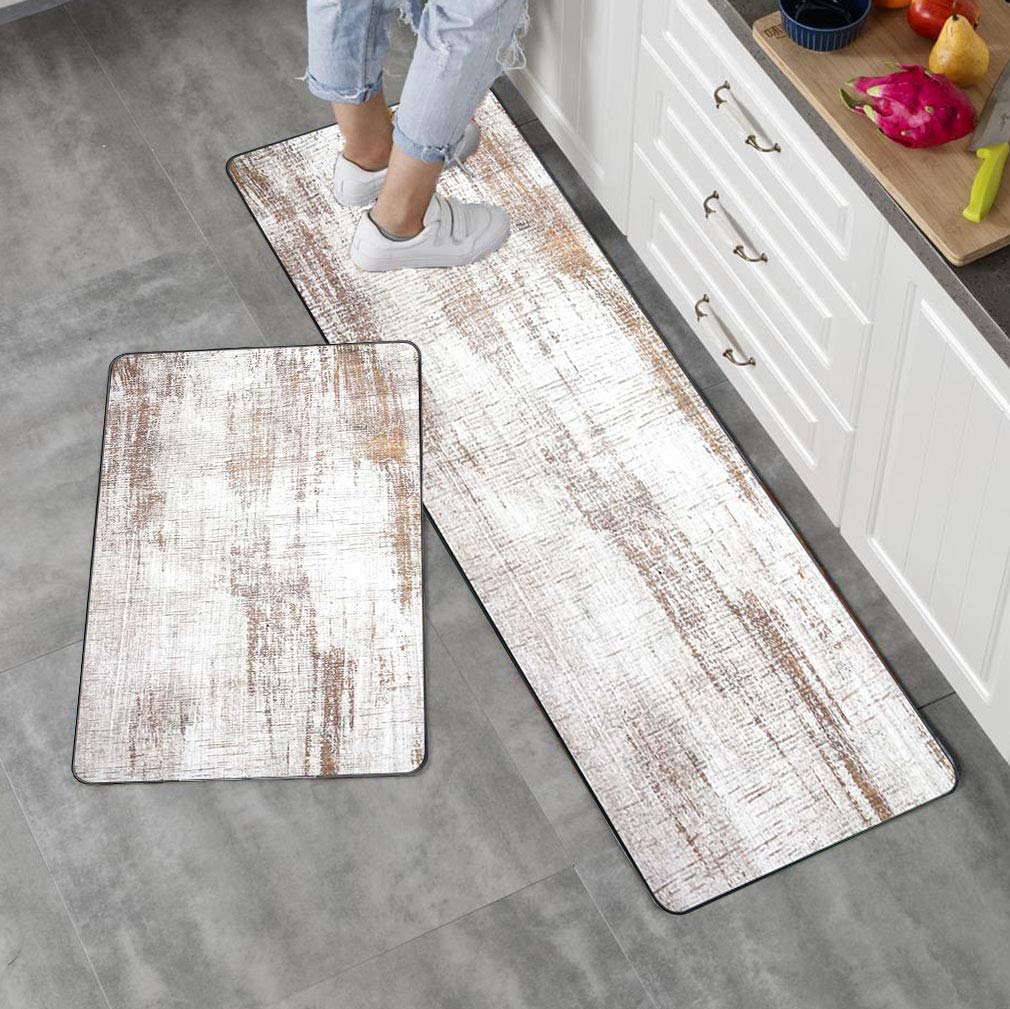 Gesmatic Farm Kitchen Rug Set - Non-Skid Washable Beige 2-Piece with Old Wood Texture & Distressed White Paint - Perfect for Farmhouse, Cottage, and Rustic Style Kitchens