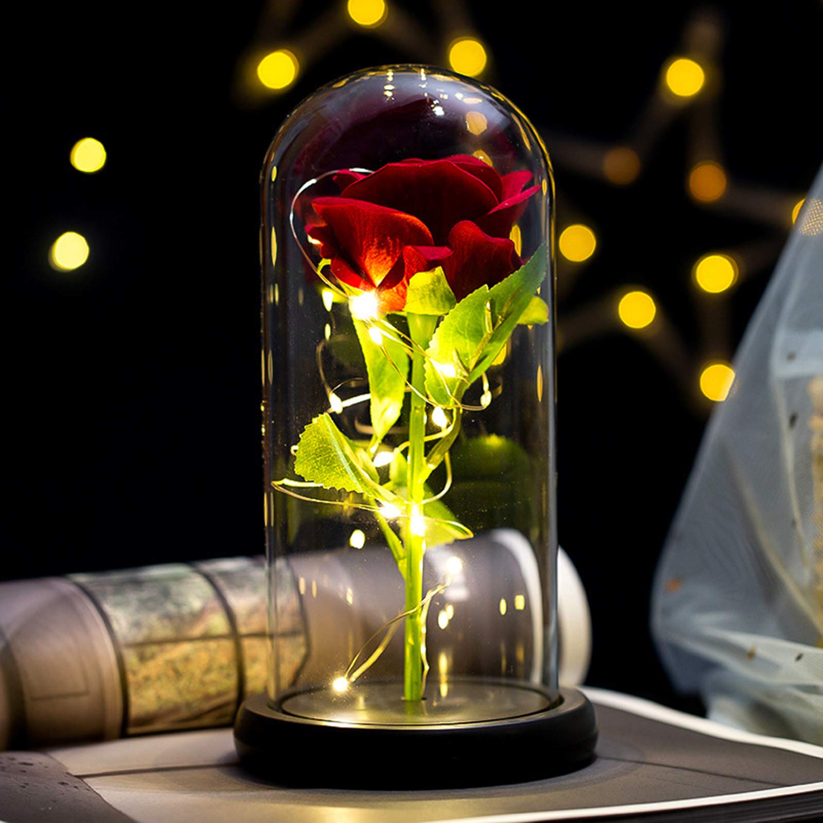 Eternal Rose in Glass Dome with LED Lights - Beauty and The Beast Inspired Silk Rose Gift for Mother's Day, Valentine's Day & Anniversary (Red) | Romantic Home Decor, Wedding Centerpiece, Luxury Gift Idea