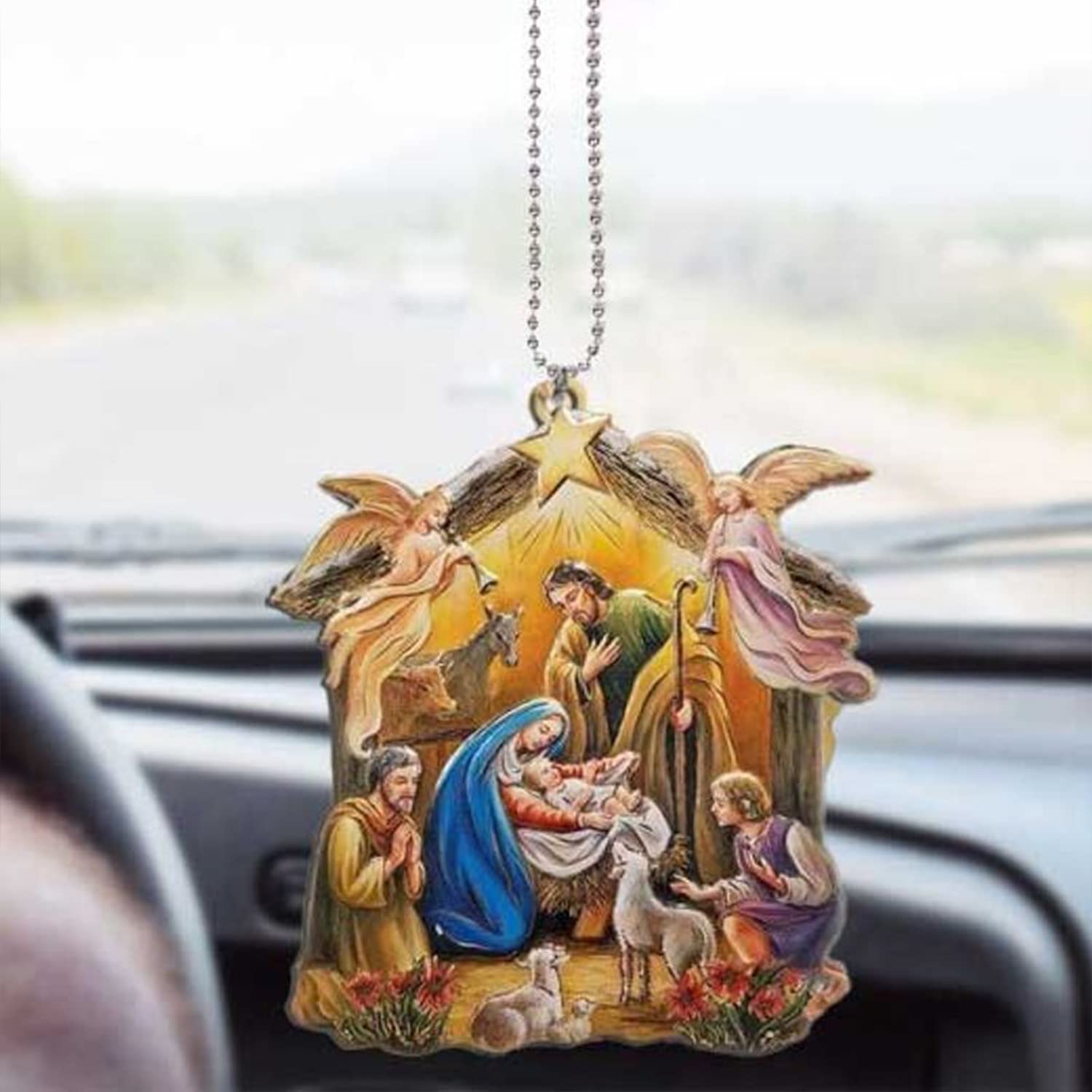 Jesus Nativity Car Hanging Ornaments - 3 Pack Angel Car Pendant Decor for Rearview Mirror, Christmas Mica Ornament Set | Perfect for Holiday Car Decorations & Christian Gift Giving