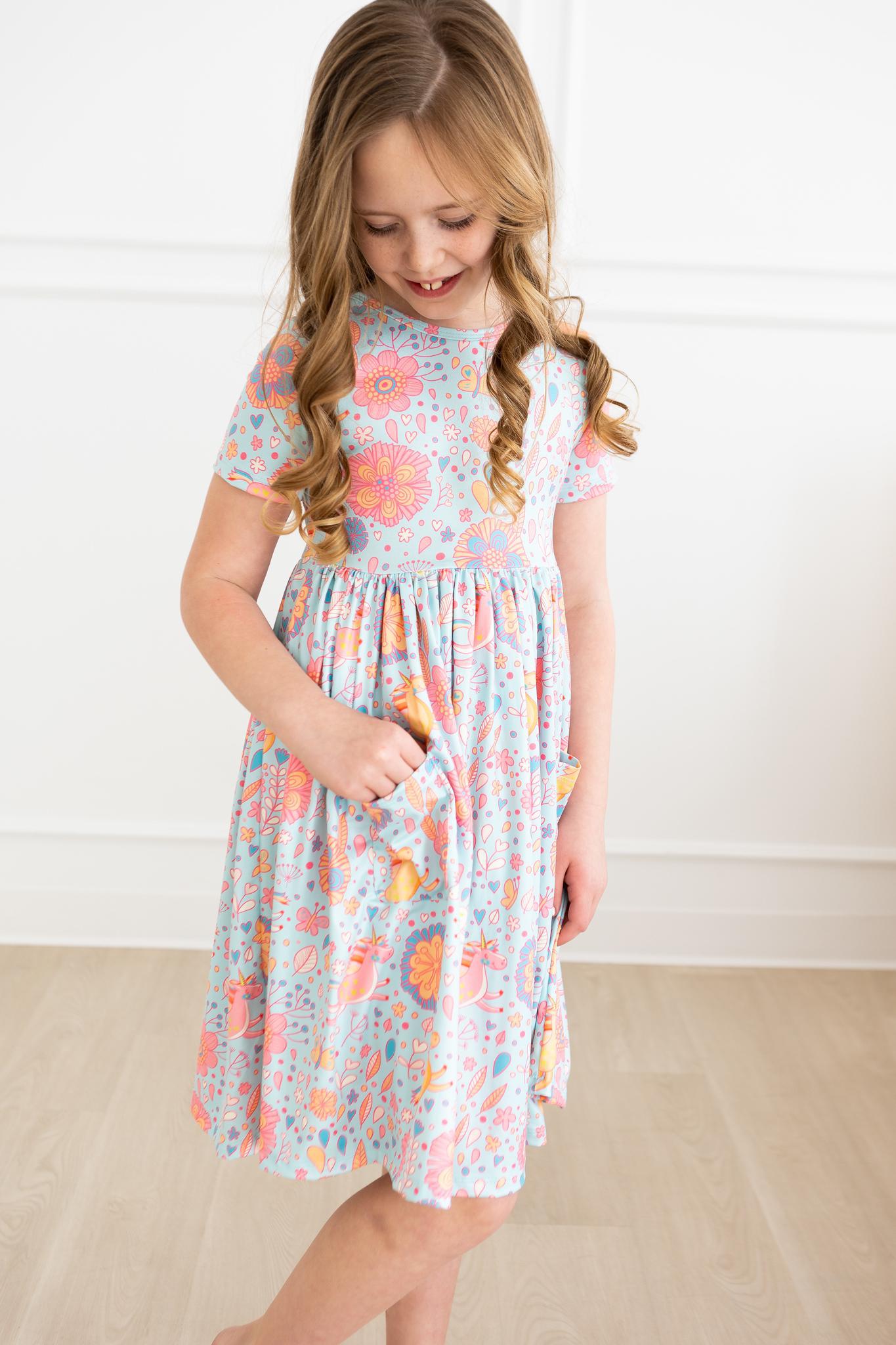 Blue Retro Unicorns Short Sleeve Pocket Twirl Dress for Girls - Perfect for Birthday Parties, Tea Time & Photo Shoots
