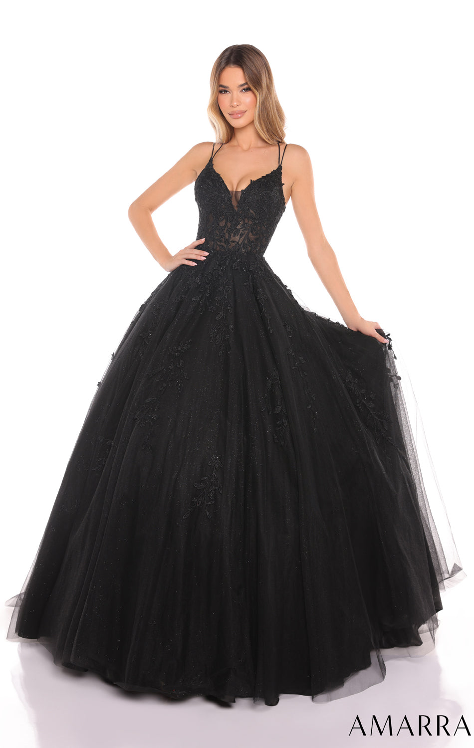 Amarra Floral Ball Gown with Plunging V Neckline - Elegant Formal Dress for Prom, Wedding & Evening Events