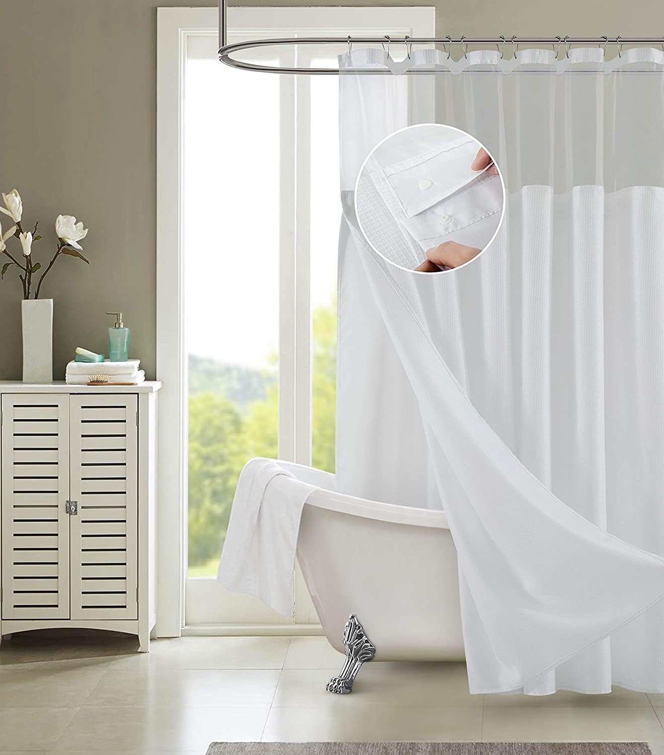 Premium Waffle Weave Shower Curtain Set with Mesh Top Window & Liner - Modern Bathroom Decor for Spa-Like Experience - Soft Fabric Snap-On Design for Easy Installation
